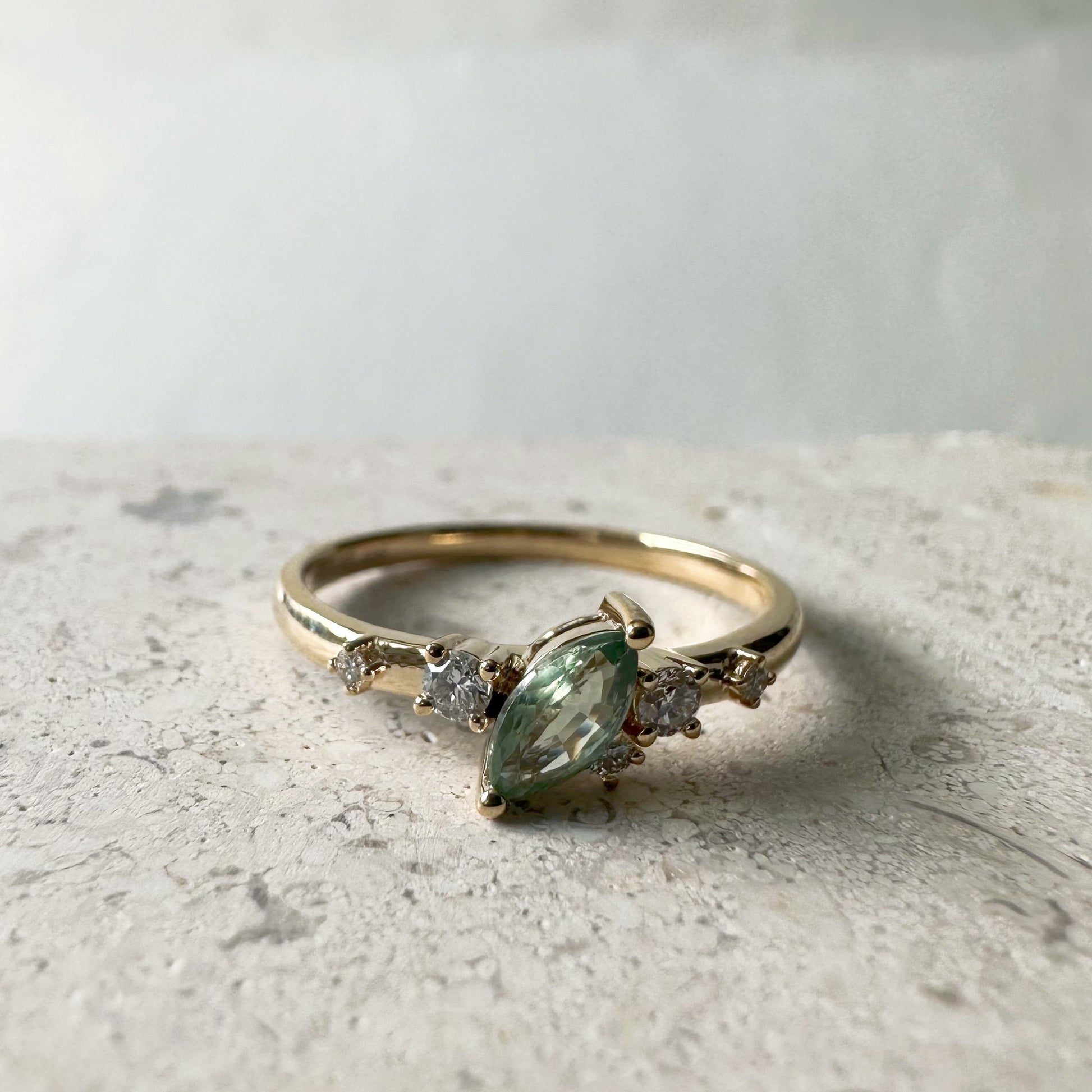 14K Solid White Gold Genuine Green Sapphire and Diamond Ring