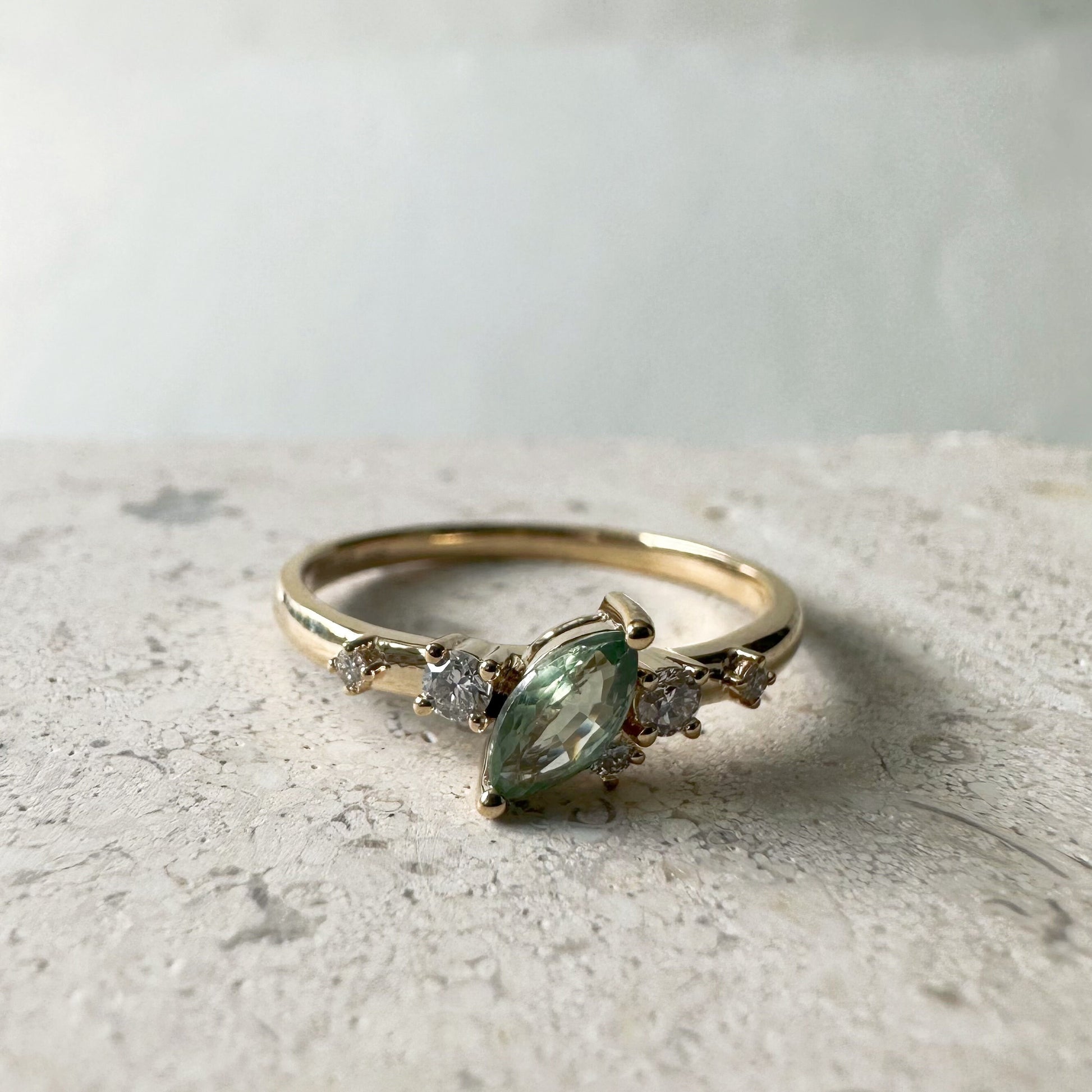 14K Solid White Gold Genuine Green Sapphire and Diamond Ring