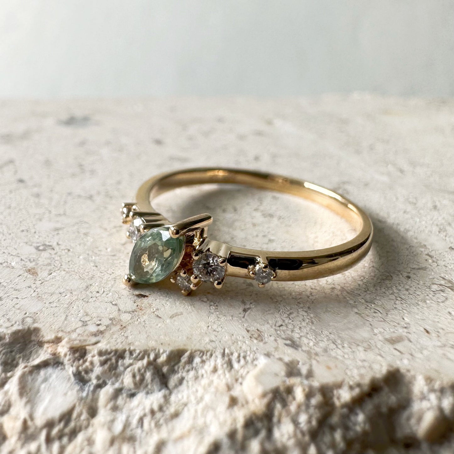 14K Solid White Gold Genuine Green Sapphire and Diamond Ring