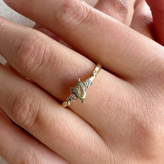 18K Solid Rose Gold Genuine Green Sapphire and Diamond Ring