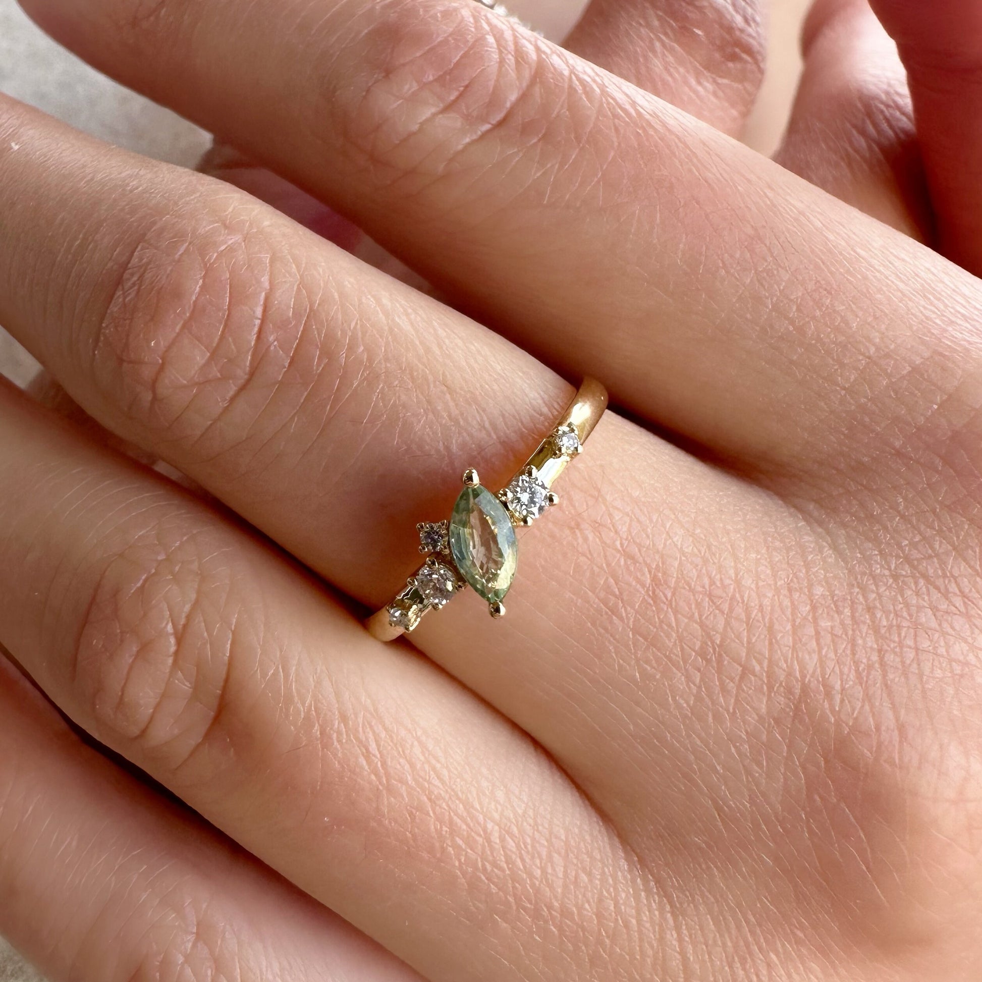 18K Solid Rose Gold Genuine Green Sapphire and Diamond Ring