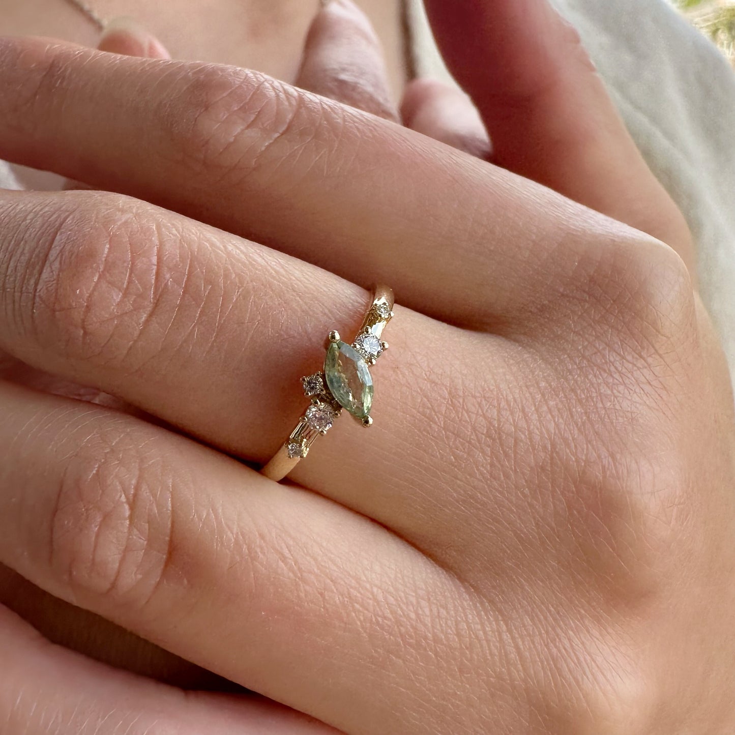 14K Solid White Gold Genuine Green Sapphire and Diamond Ring