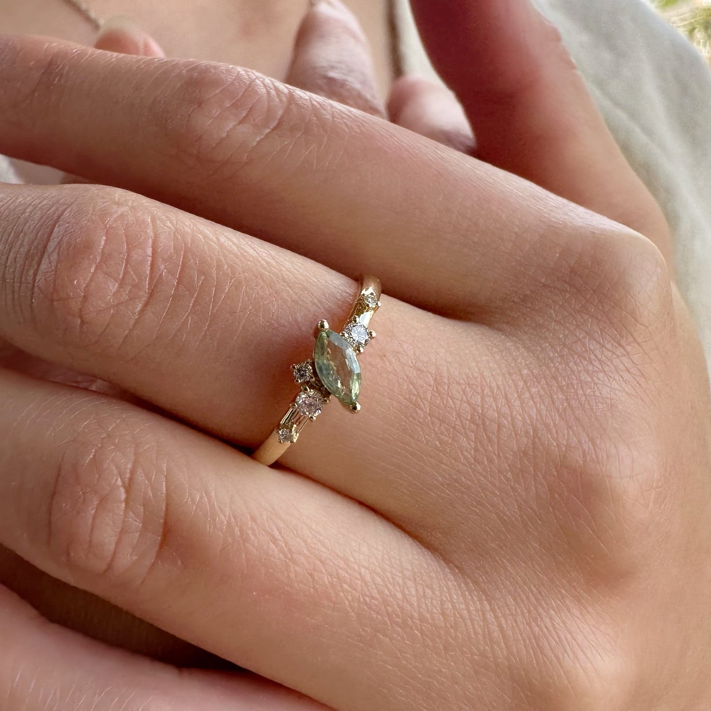 14K Solid White Gold Genuine Green Sapphire and Diamond Ring