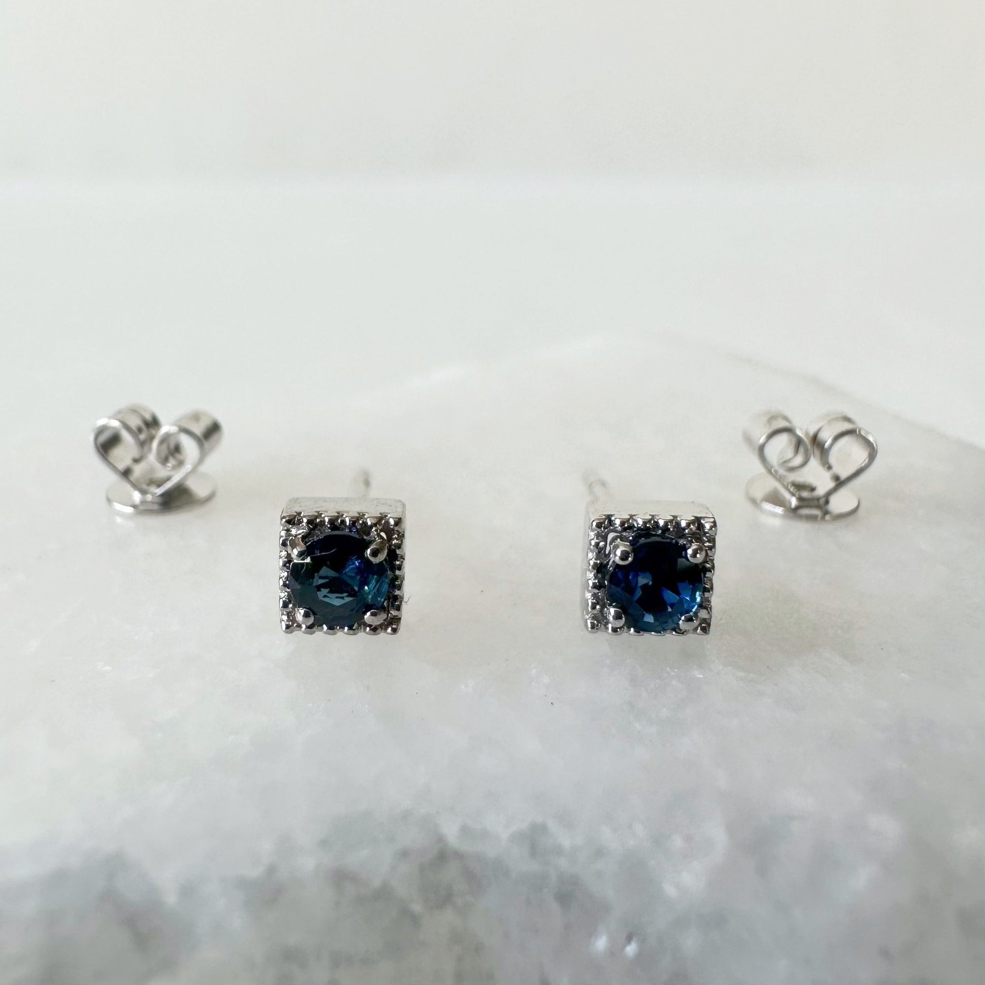 14K Solid Gold Natural Sapphire Stud Earrings | Genuine Sapphire Earrings | September Birthstone | 4mm Square Studs | Fine Jewelry Gift