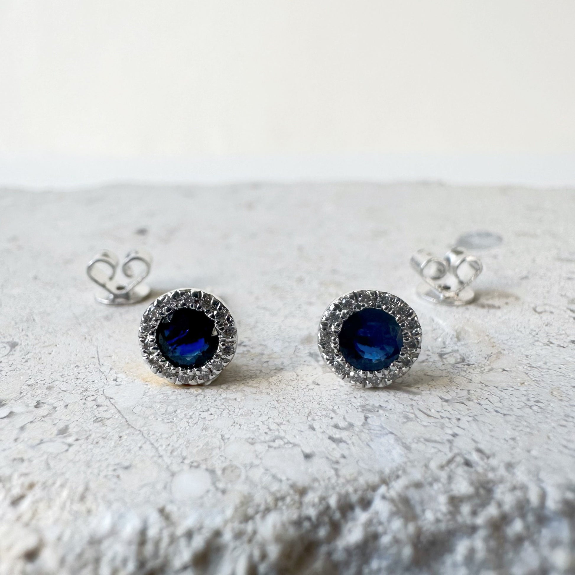 14K Solid Gold Genuine Diamond and Sapphire Halo Studs/Pair