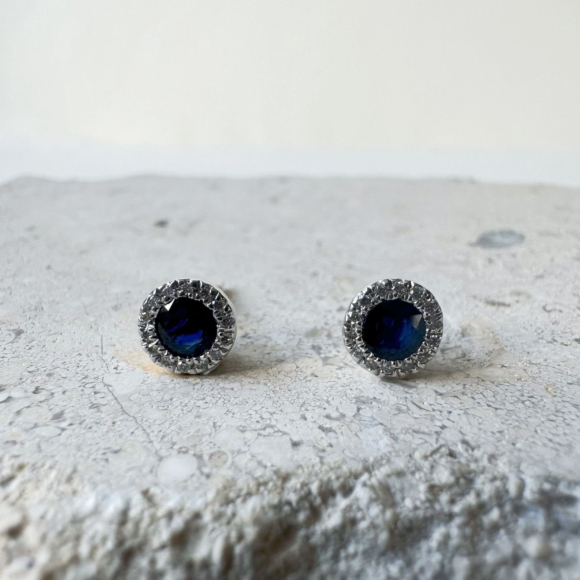 14K Solid Gold Genuine Diamond and Sapphire Halo Studs/Pair