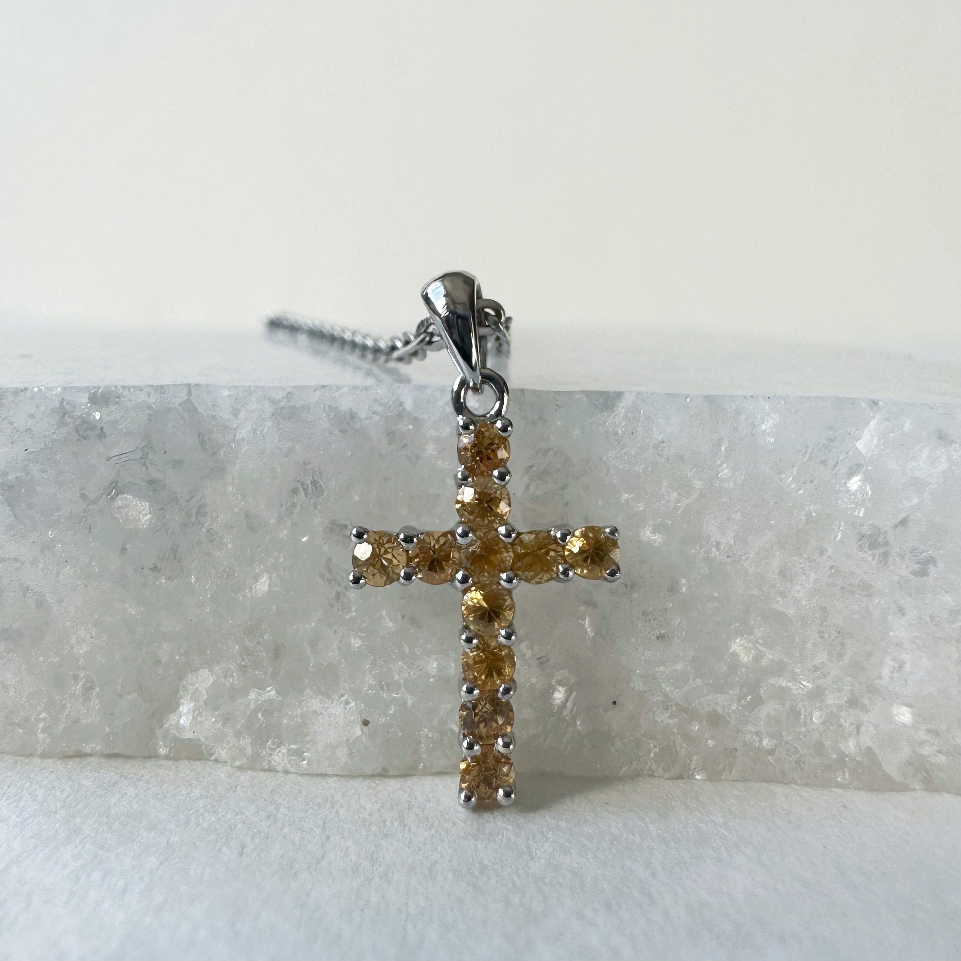 14K Solid Gold Genuine Orange Sapphire Cross Pendant