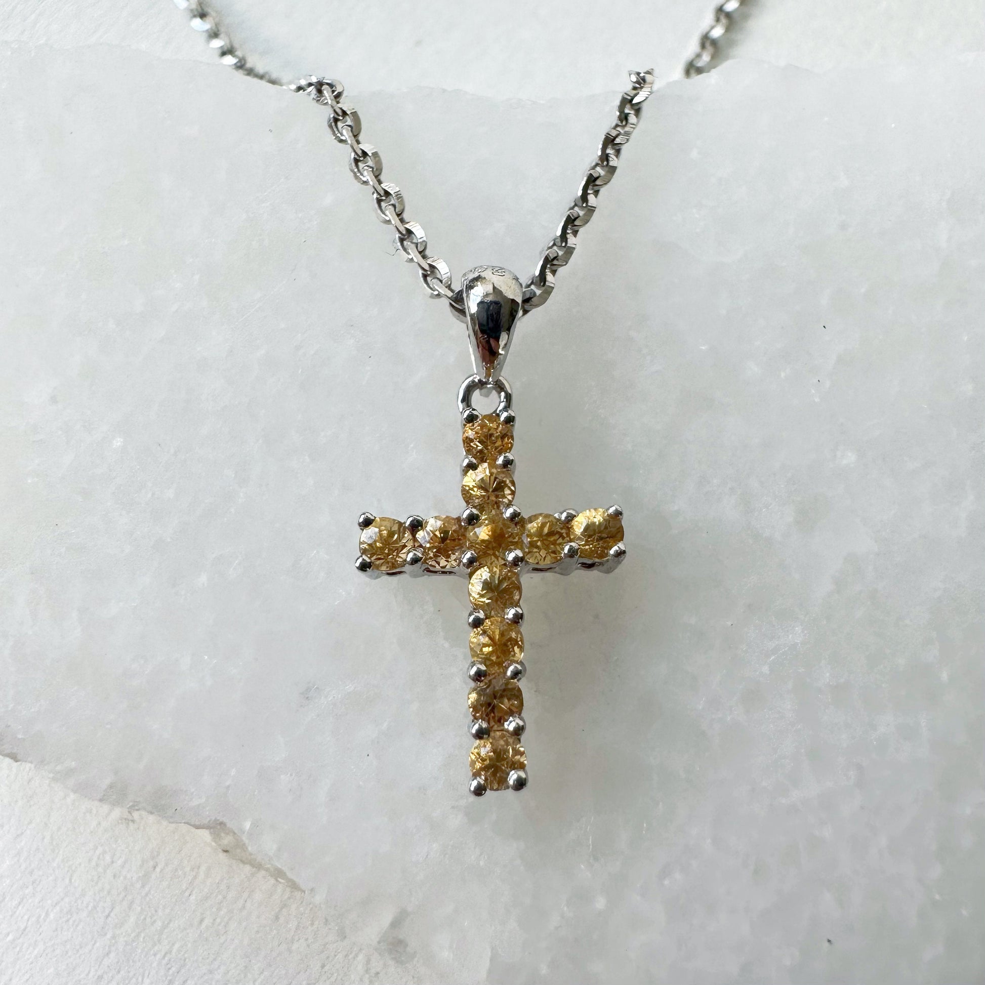 14K Solid Gold Genuine Orange Sapphire Cross Pendant