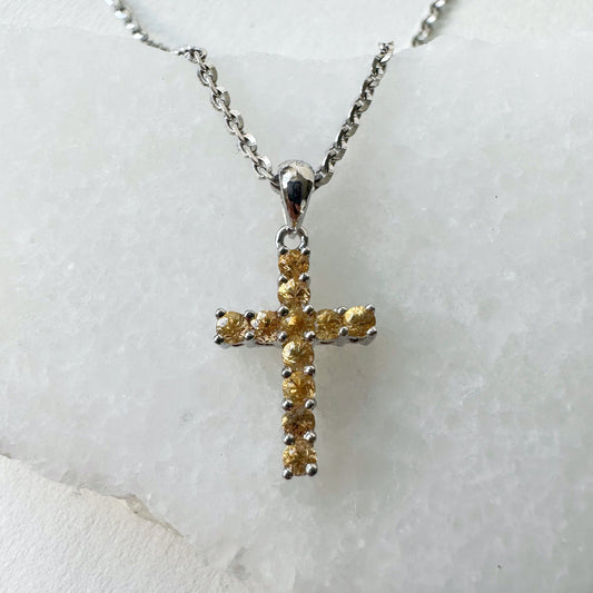 14K Solid Gold Genuine Orange Sapphire Cross Pendant
