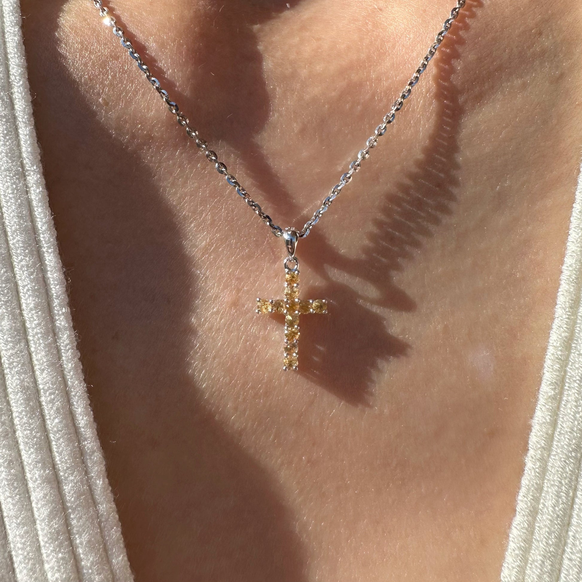 14K Solid Gold Genuine Orange Sapphire Cross Pendant