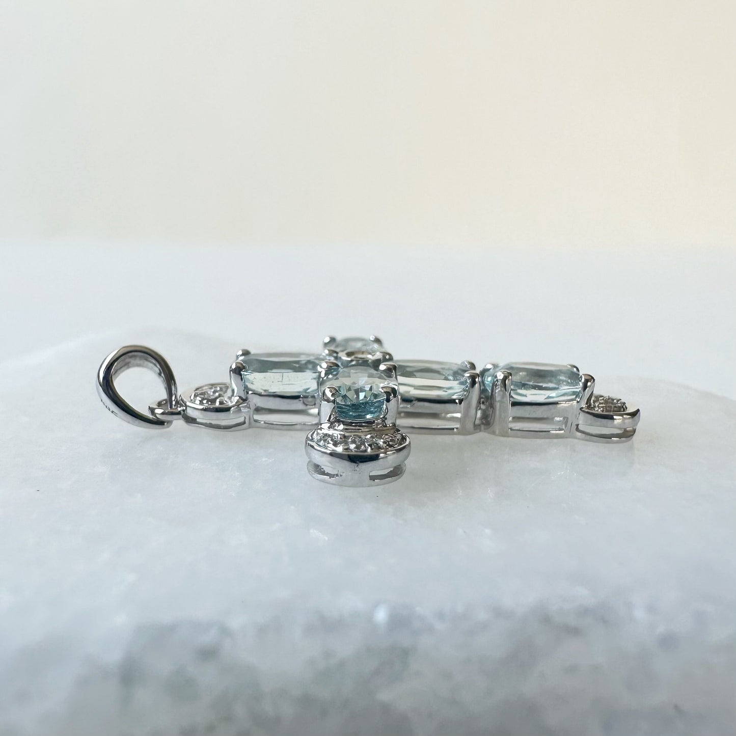 14K Solid Gold Genuine Aquamarine and Diamond Cross Pendant