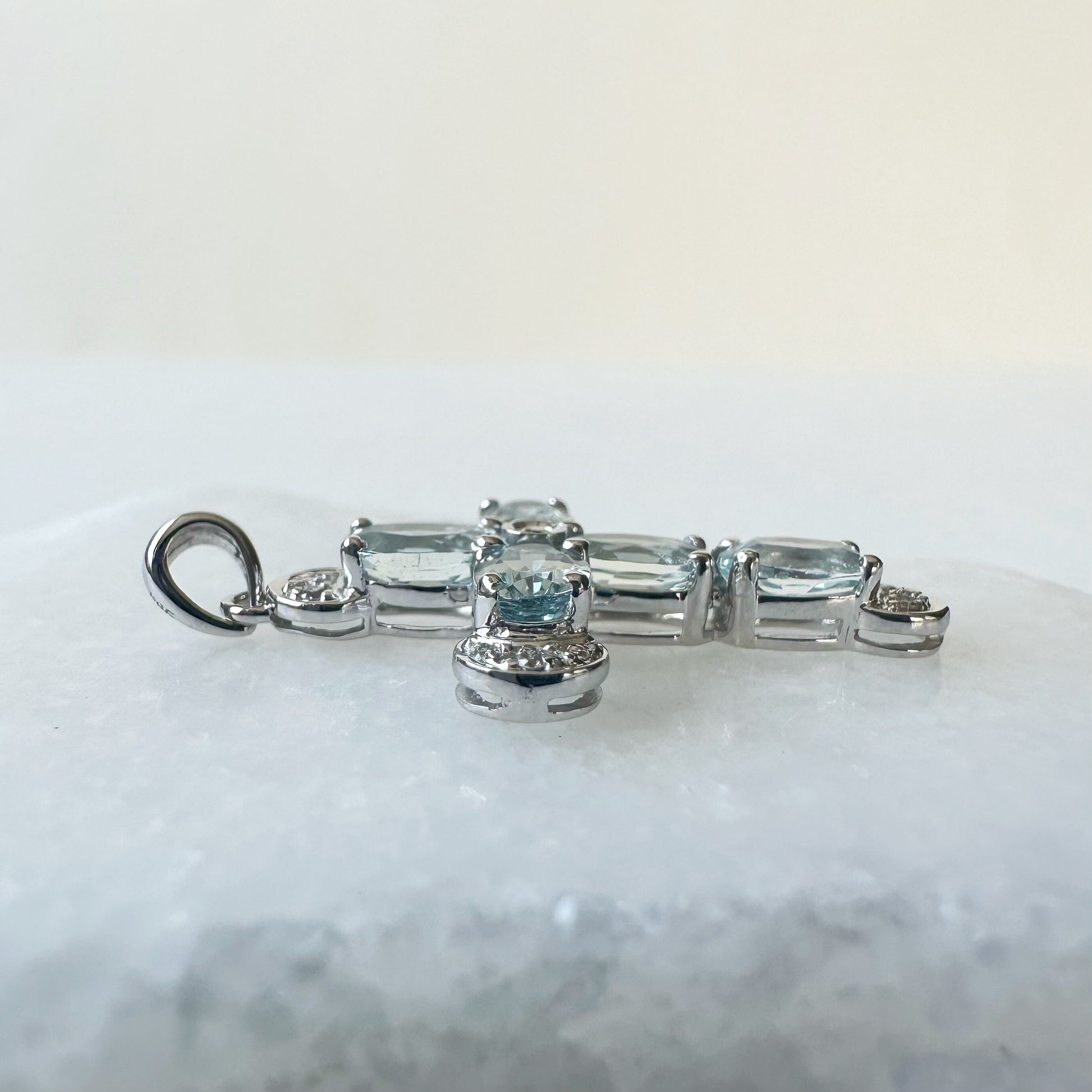 14K Solid Gold Genuine Aquamarine and Diamond Cross Pendant