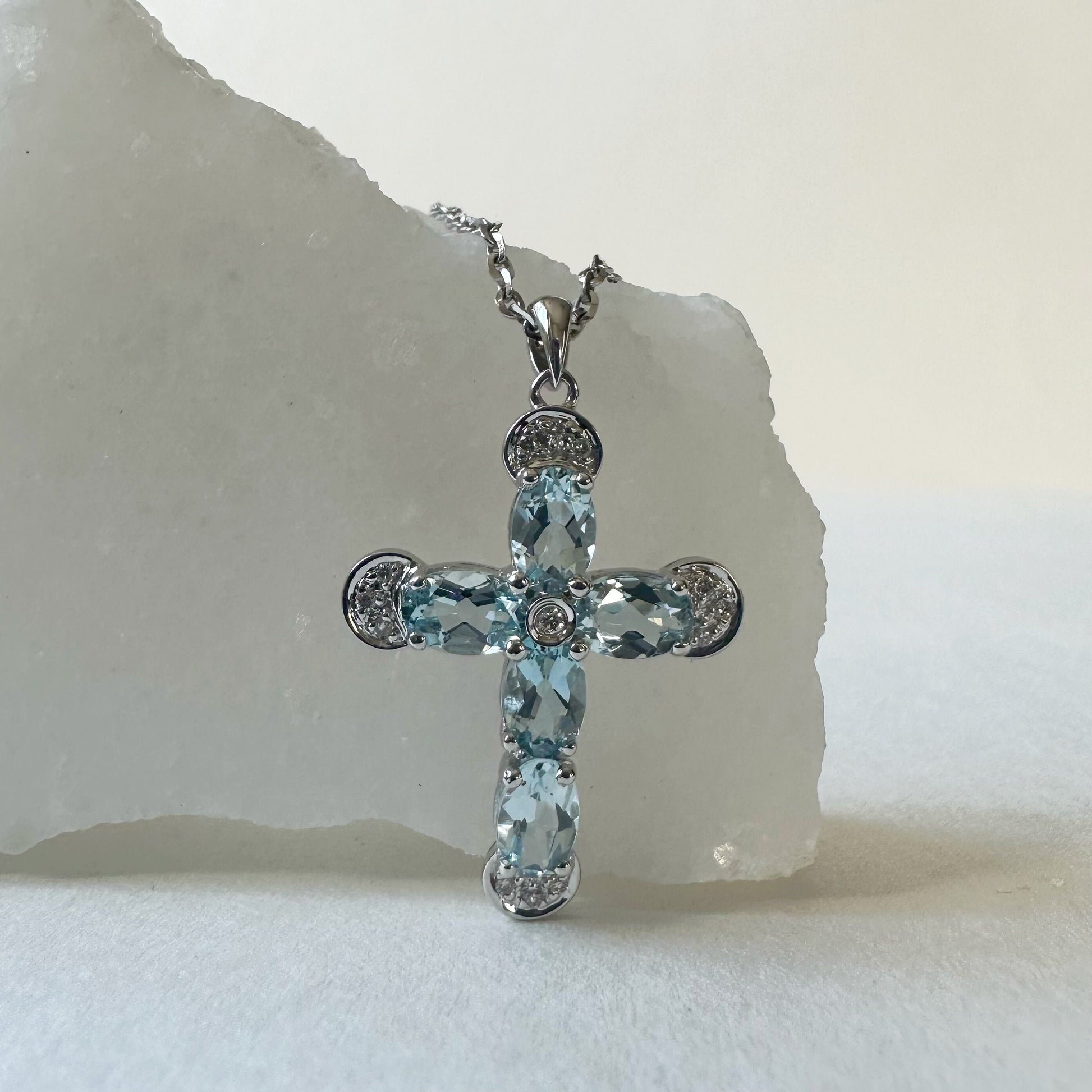 14K Solid Gold Genuine Aquamarine and Diamond Cross Pendant