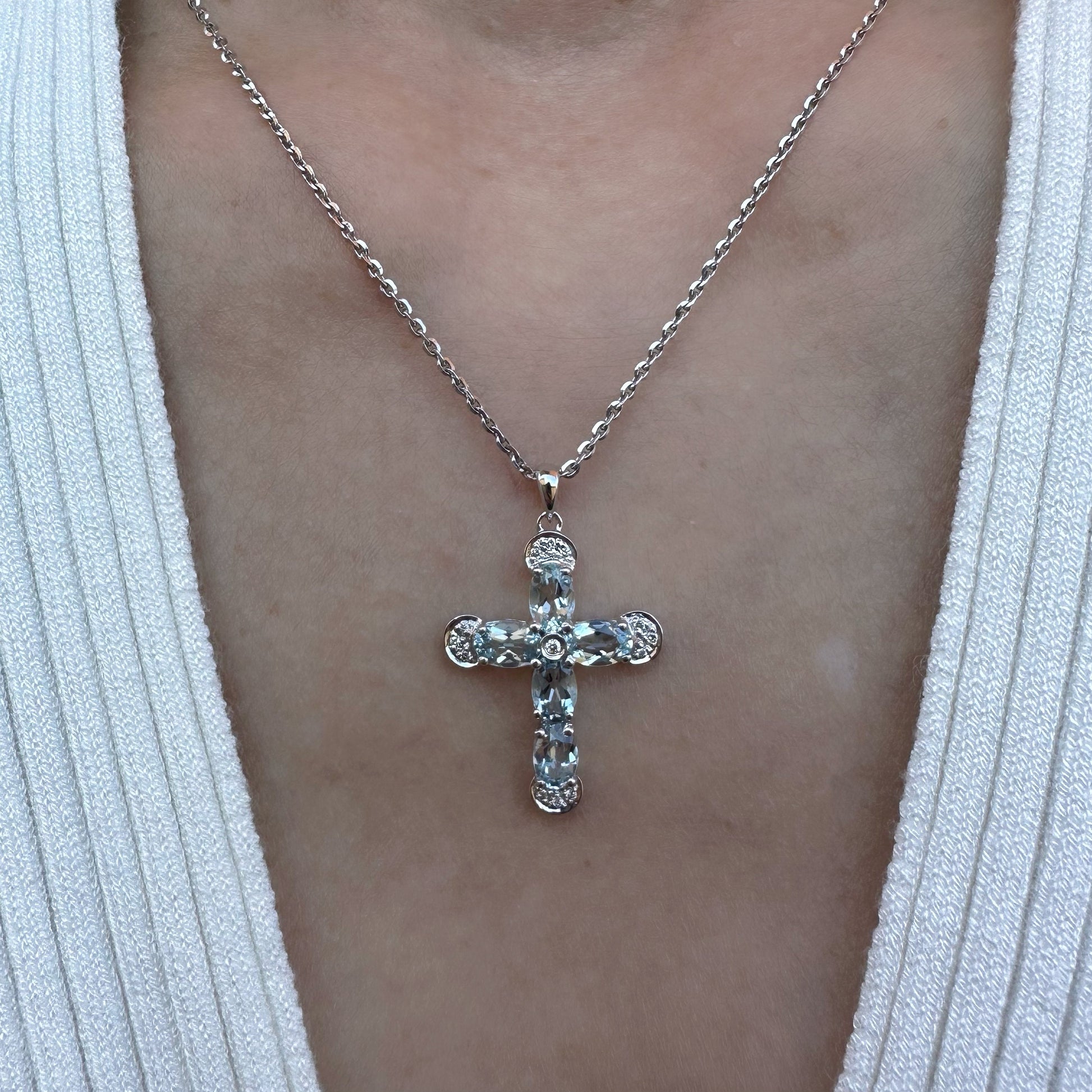 14K Solid Gold Genuine Aquamarine and Diamond Cross Pendant