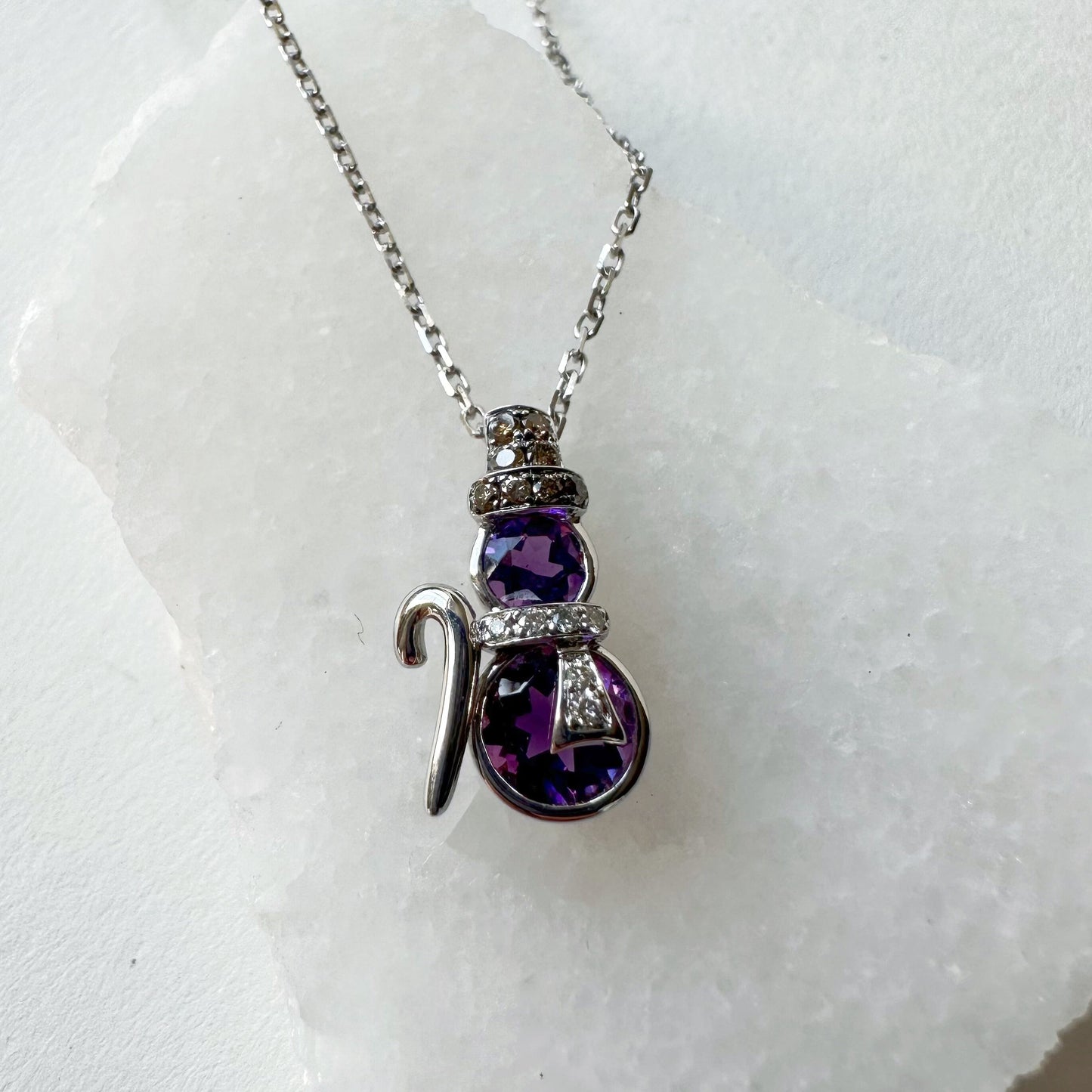 14K Solid Gold Genuine Amethyst and Diamond Snowman Pendant