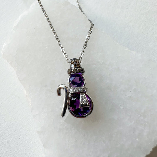 14K Solid Gold Genuine Amethyst and Diamond Snowman Pendant
