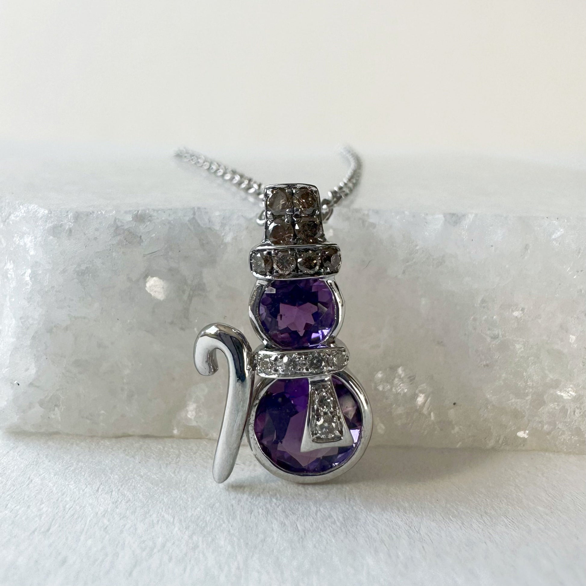 14K Solid Gold Genuine Amethyst and Diamond Snowman Pendant