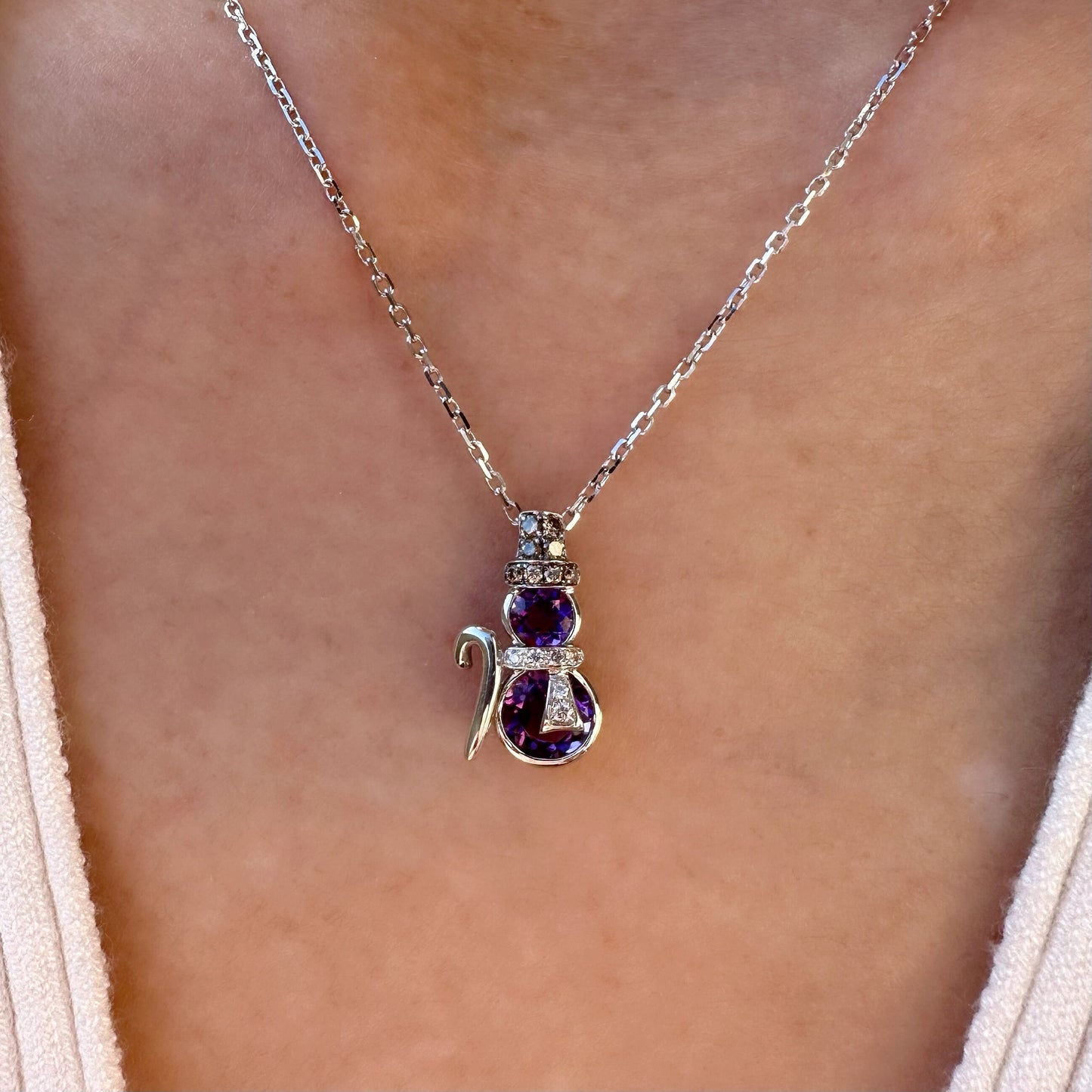 14K Solid Gold Genuine Amethyst and Diamond Snowman Pendant