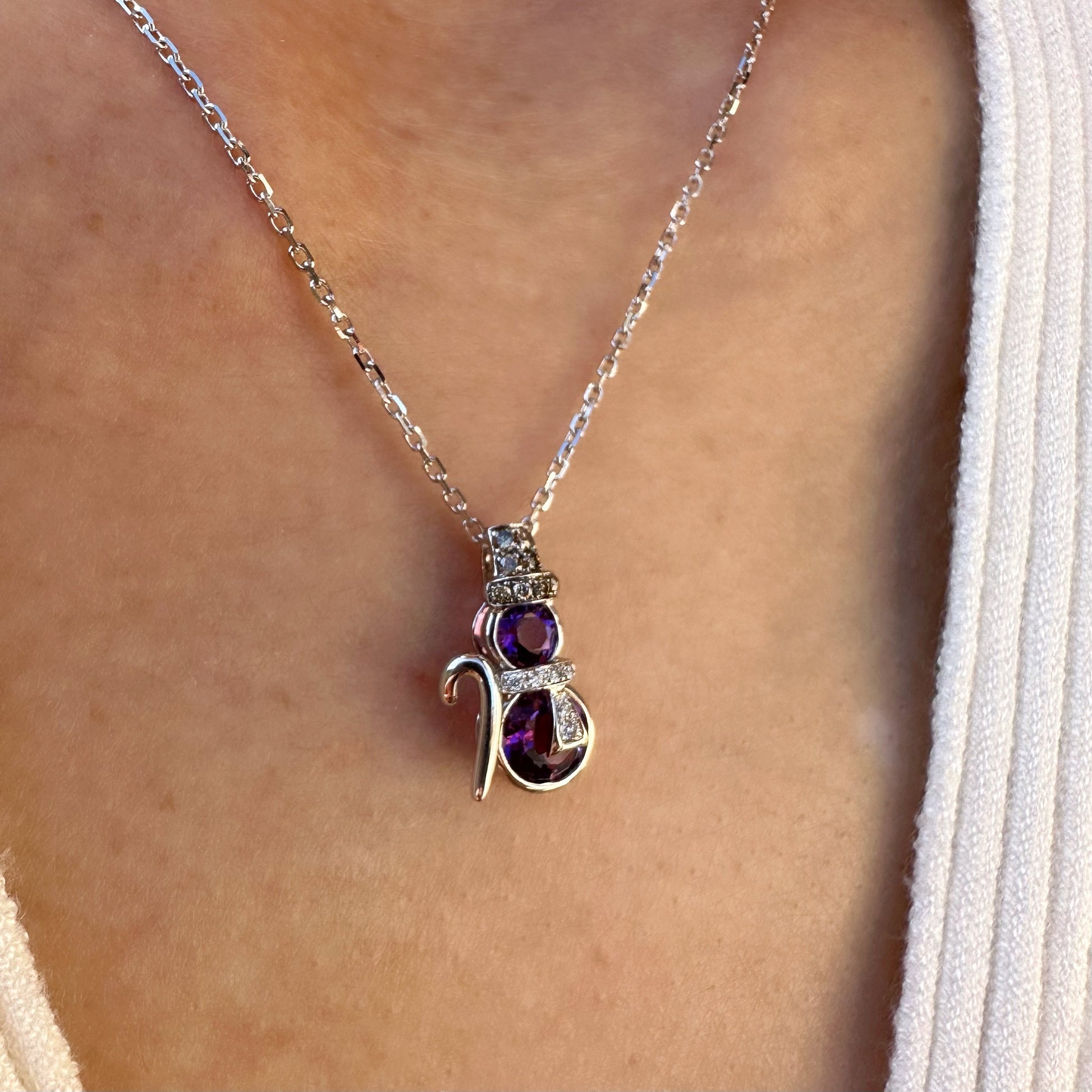 14K Solid Gold Genuine Amethyst and Diamond Snowman Pendant