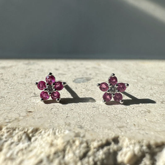 14K Solid Gold Genuine Ruby and Diamond Flower Studs/Pair