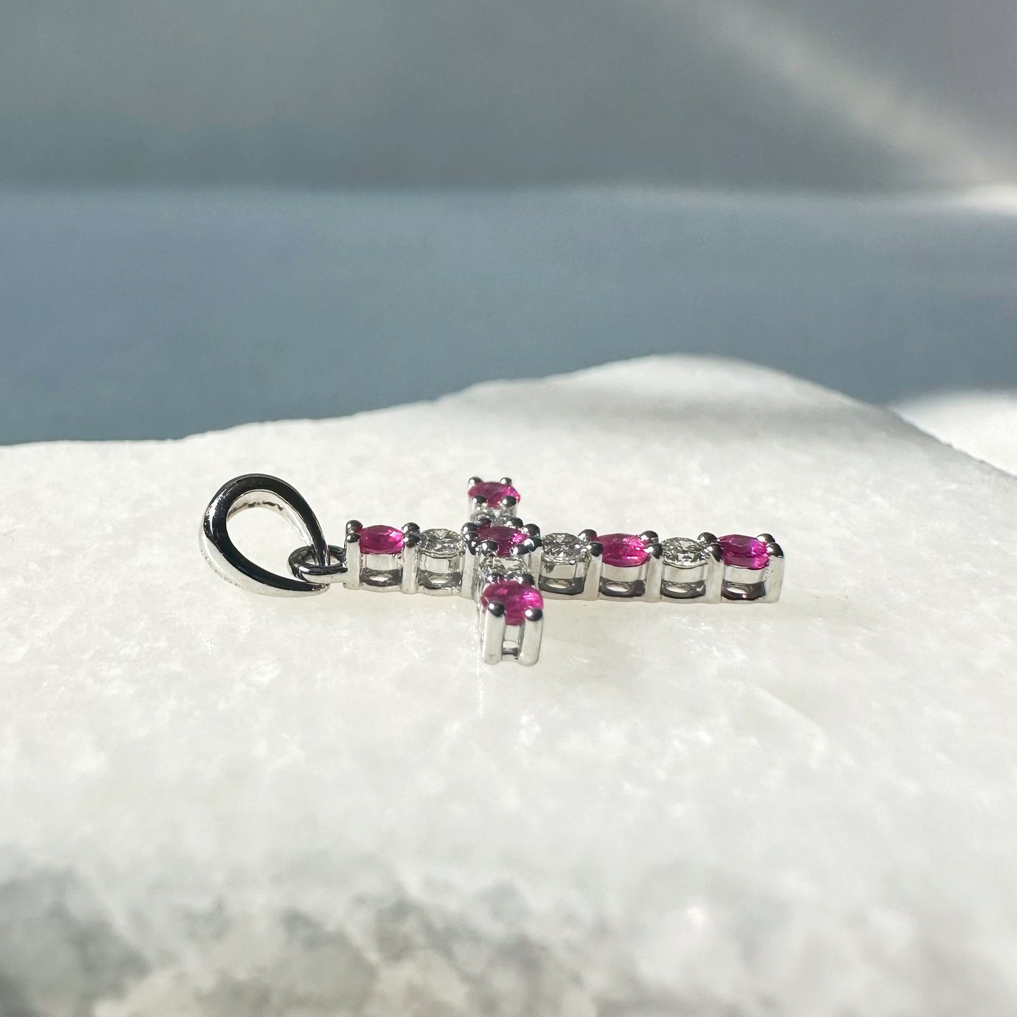 14K Solid Gold Genuine Ruby and Diamond Cross Pendant