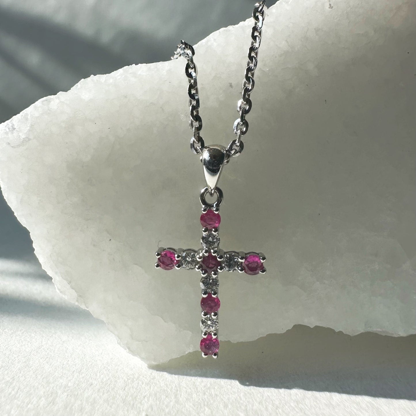 14K Solid Gold Genuine Ruby and Diamond Cross Pendant