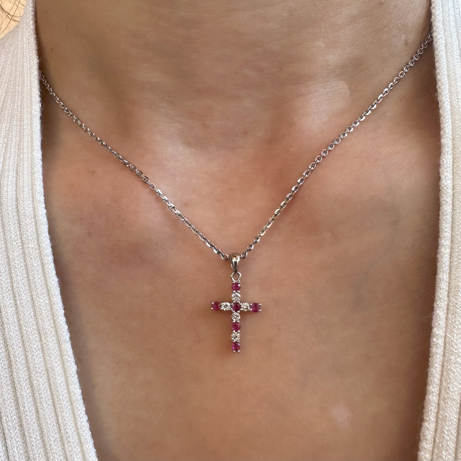 14K Solid Gold Genuine Ruby and Diamond Cross Pendant