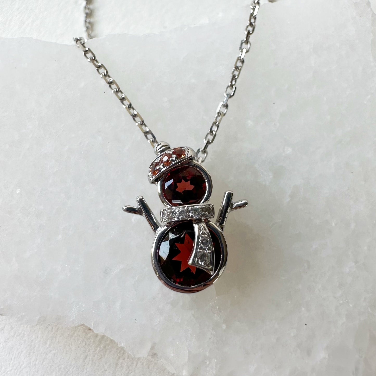 14K Solid Gold Genuine Garnet, Orange Sapphire and Diamond Snowman Pendant