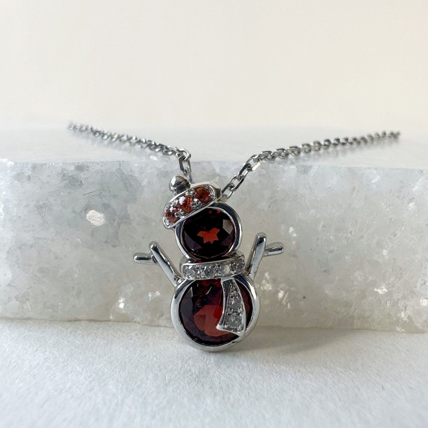 14K Solid Gold Genuine Garnet, Orange Sapphire and Diamond Snowman Pendant