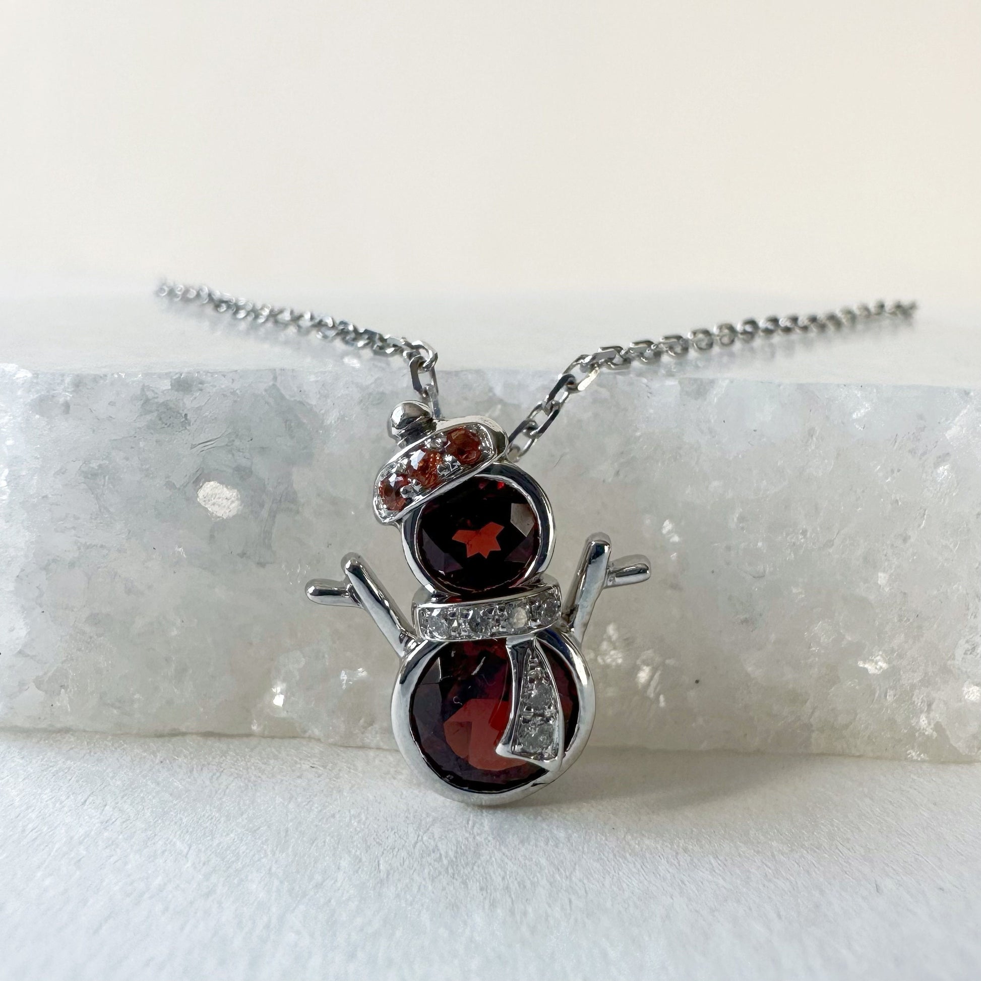 14K Solid Gold Genuine Garnet, Orange Sapphire and Diamond Snowman Pendant
