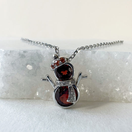 14K Solid Gold Genuine Garnet, Orange Sapphire and Diamond Snowman Pendant
