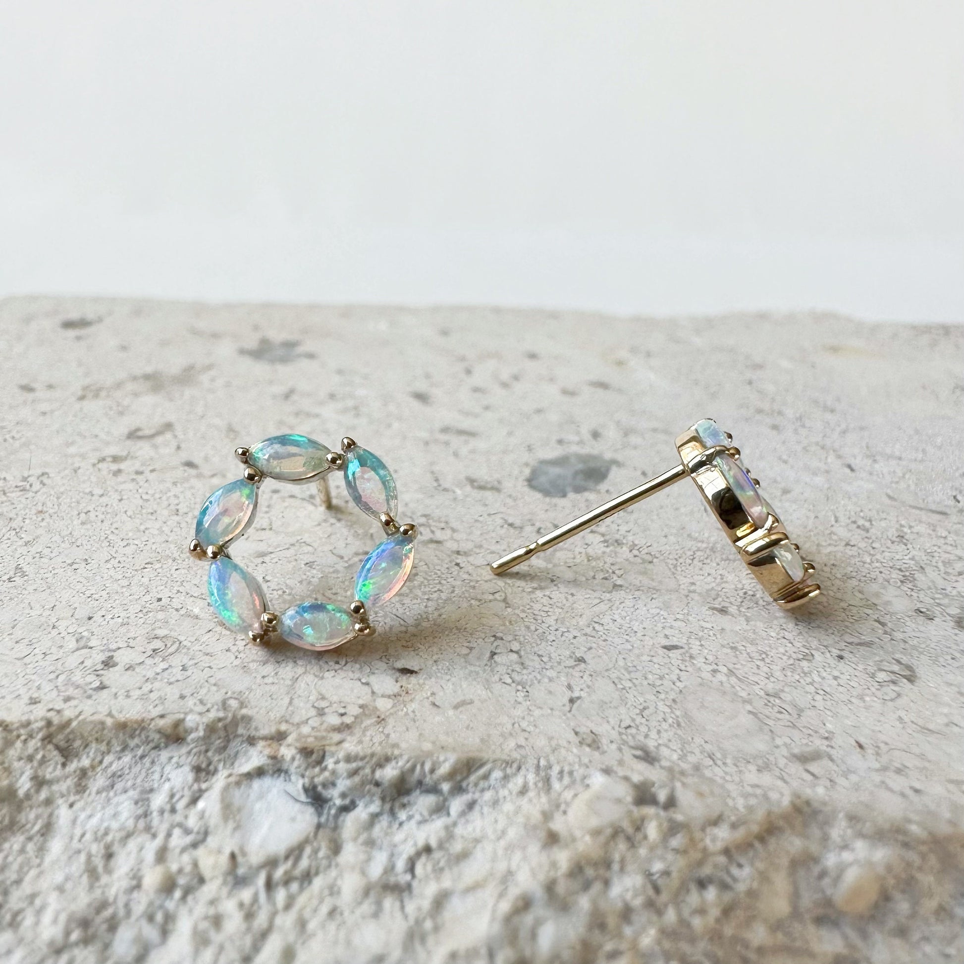 14K Solid Gold Genuine Opal Circle Studs/Pair