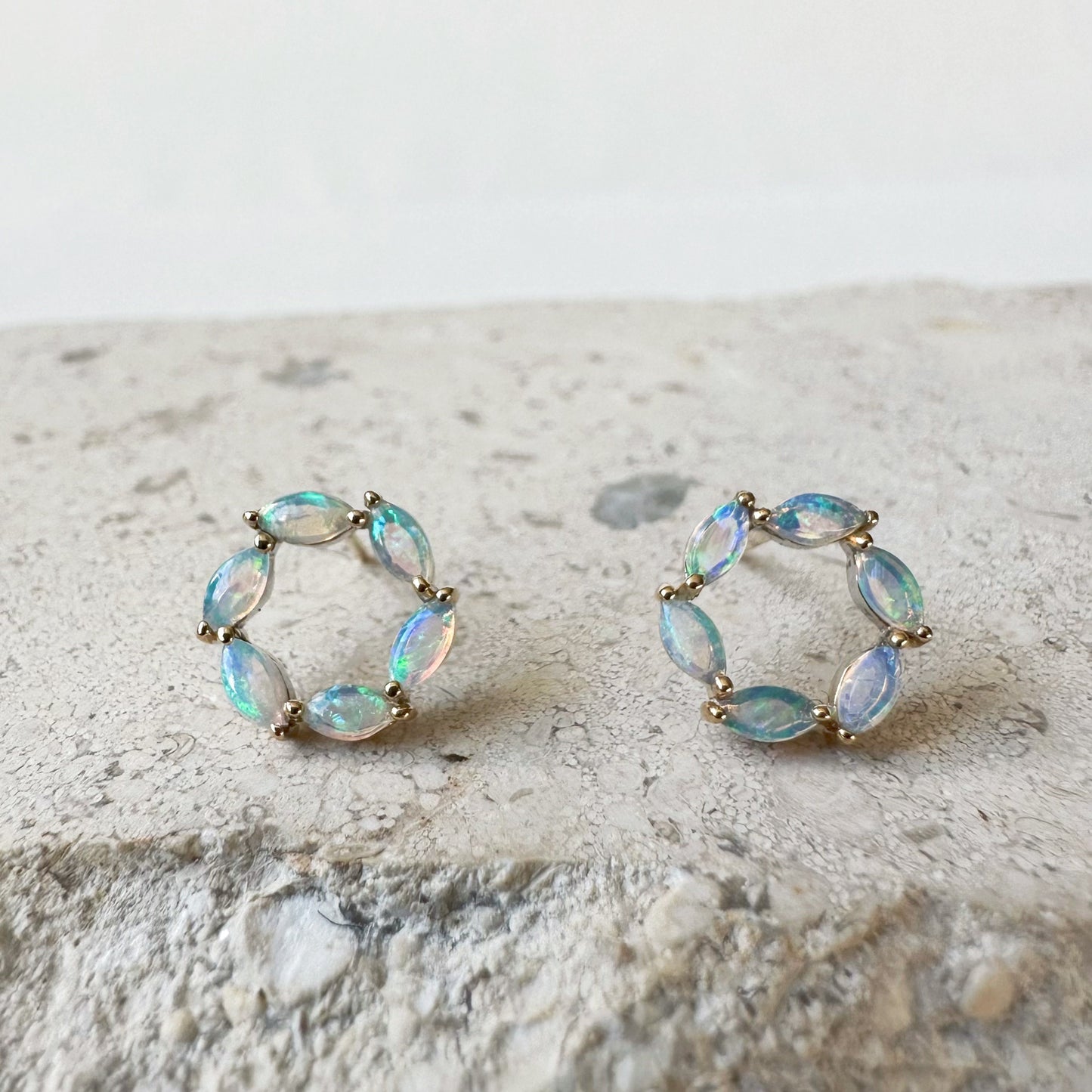14K Solid Gold Genuine Opal Circle Studs/Pair