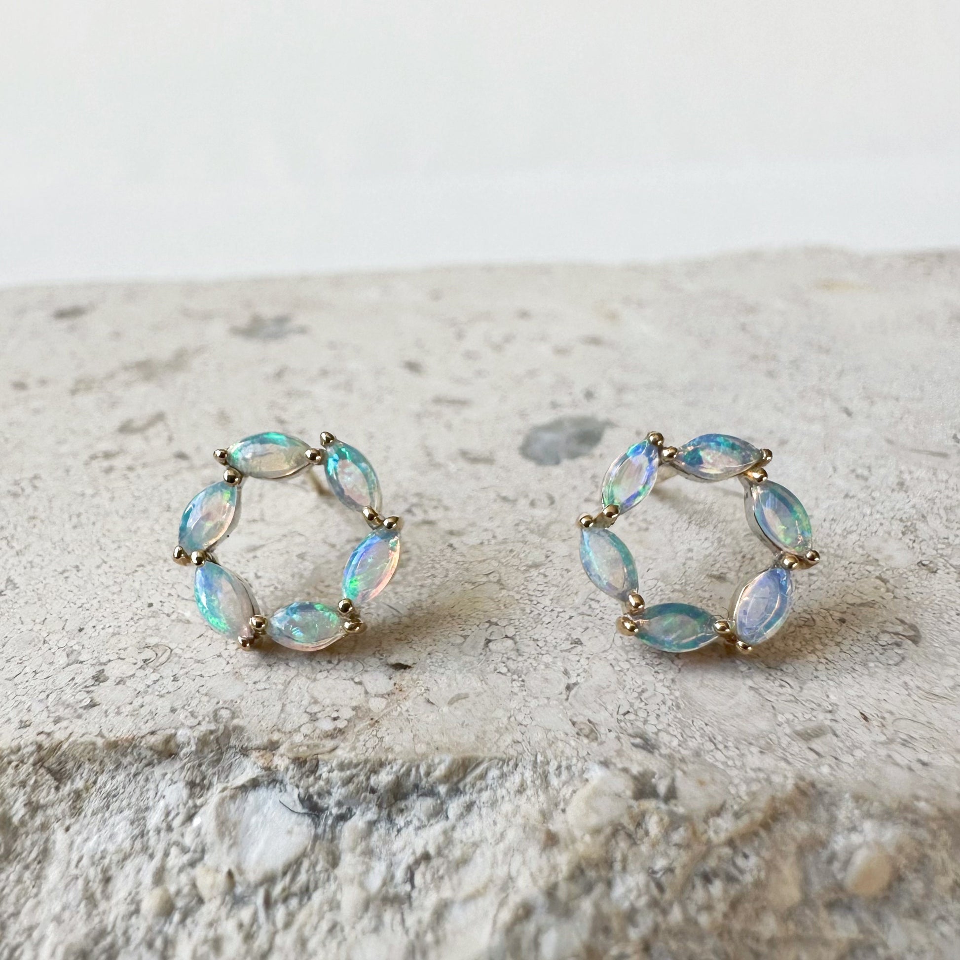 14K Solid Gold Genuine Opal Circle Studs/Pair