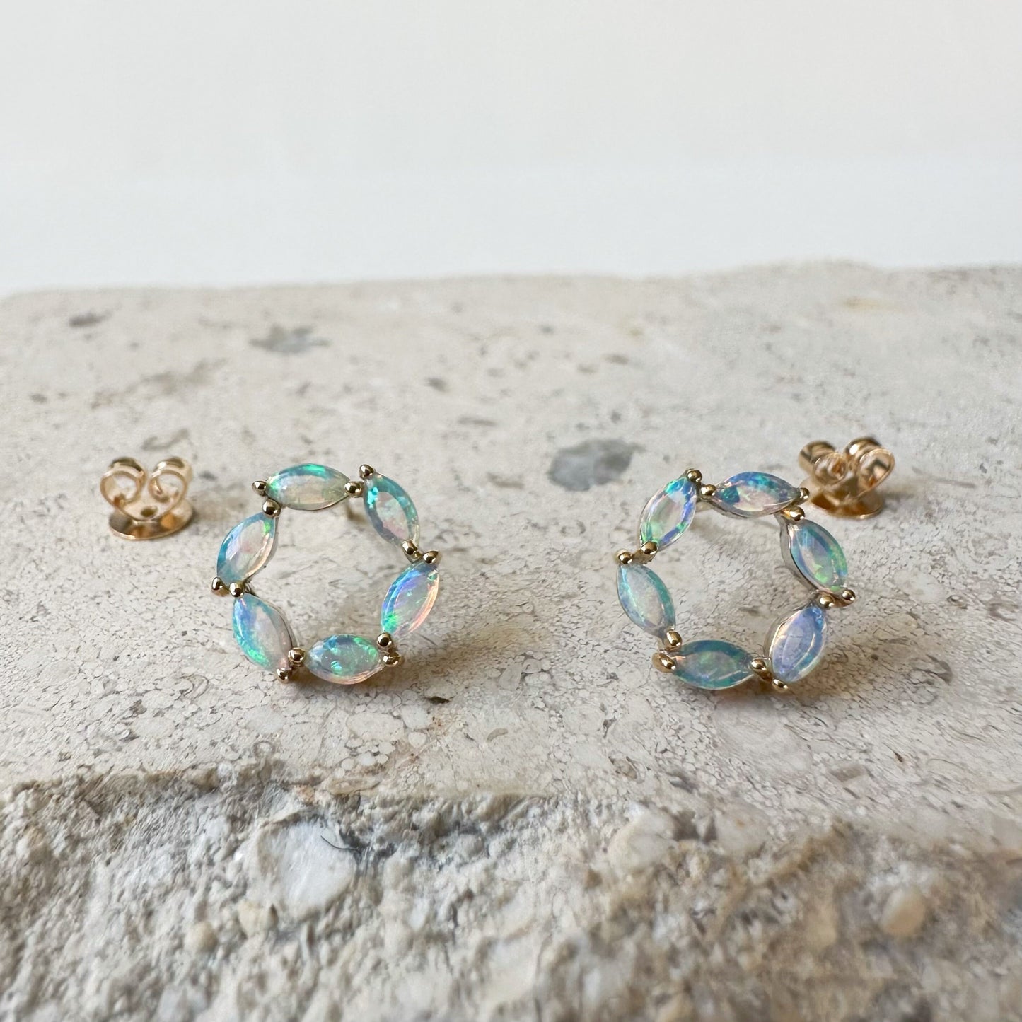 14K Solid Gold Genuine Opal Circle Studs/Pair