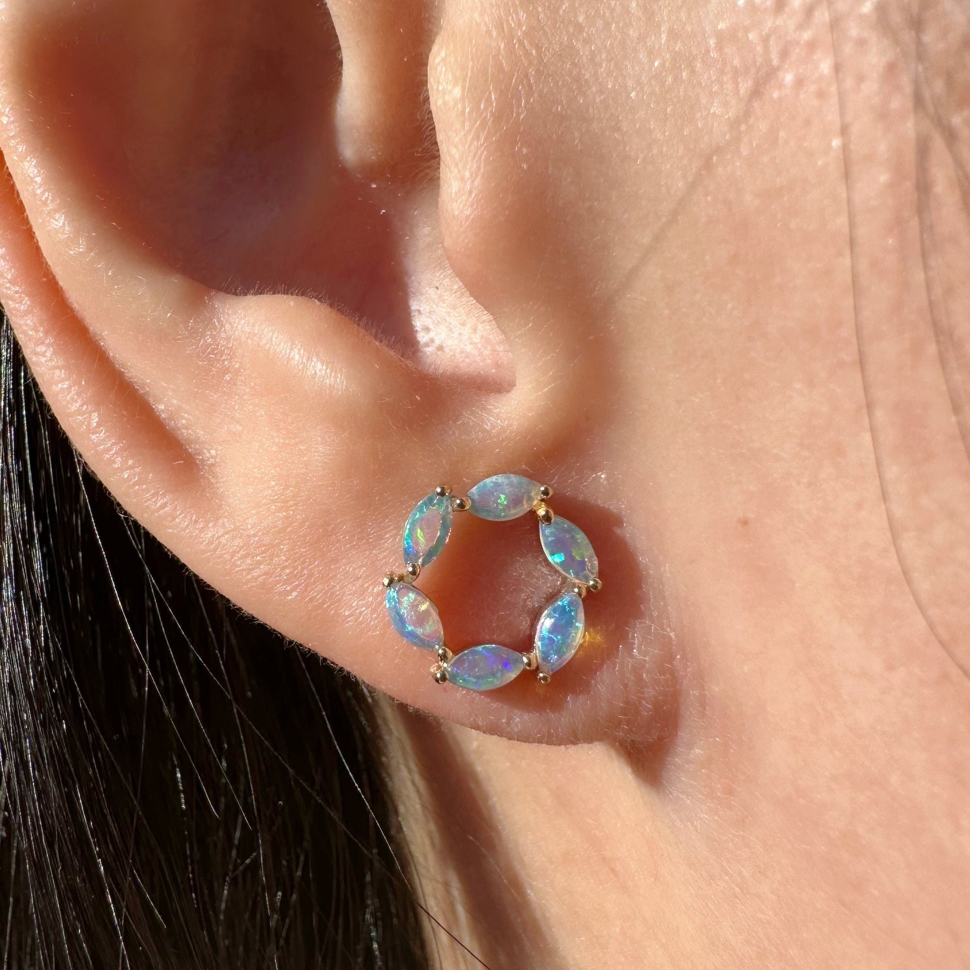 14K Solid Gold Genuine Opal Circle Studs/Pair