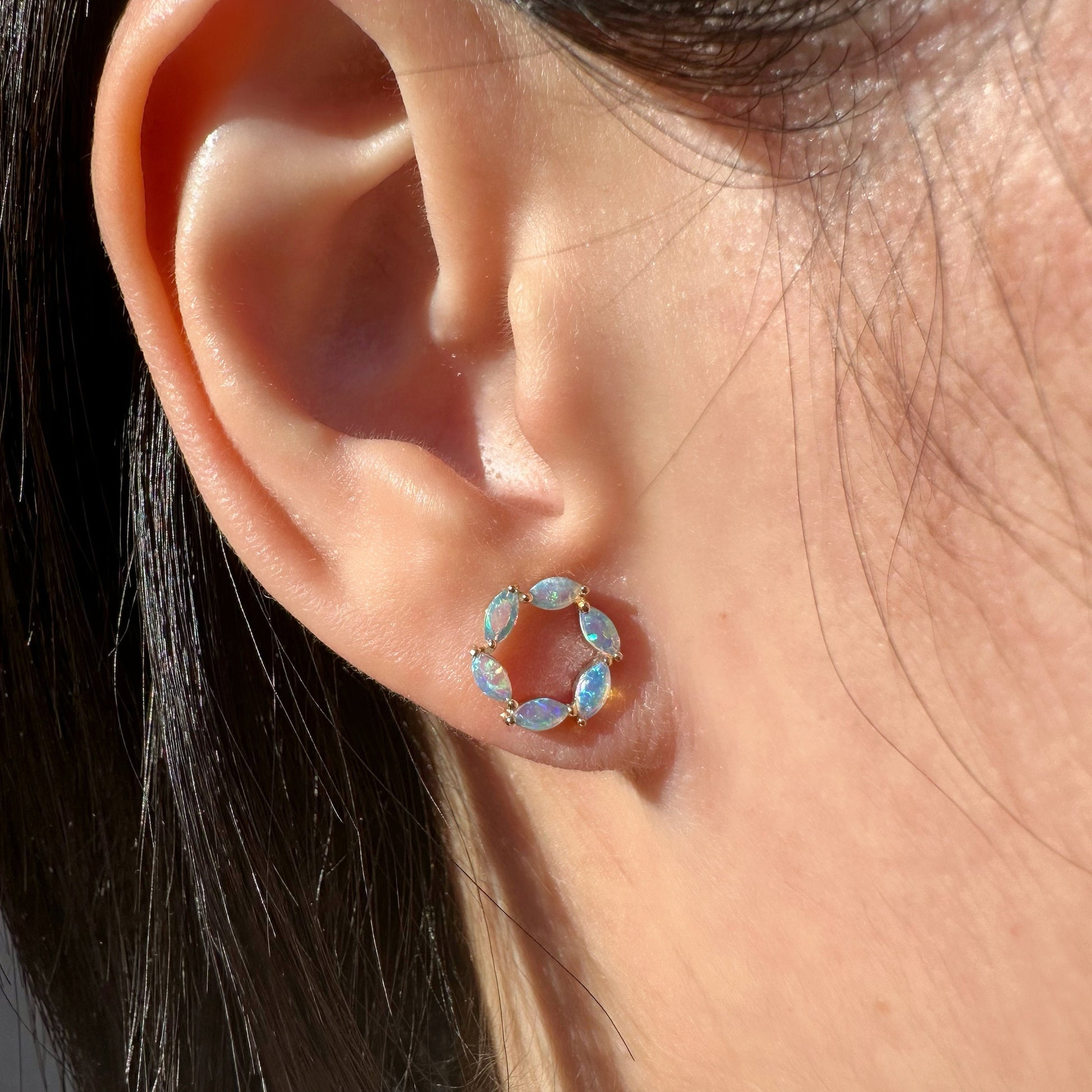 14K Solid Gold Genuine Opal Circle Studs/Pair