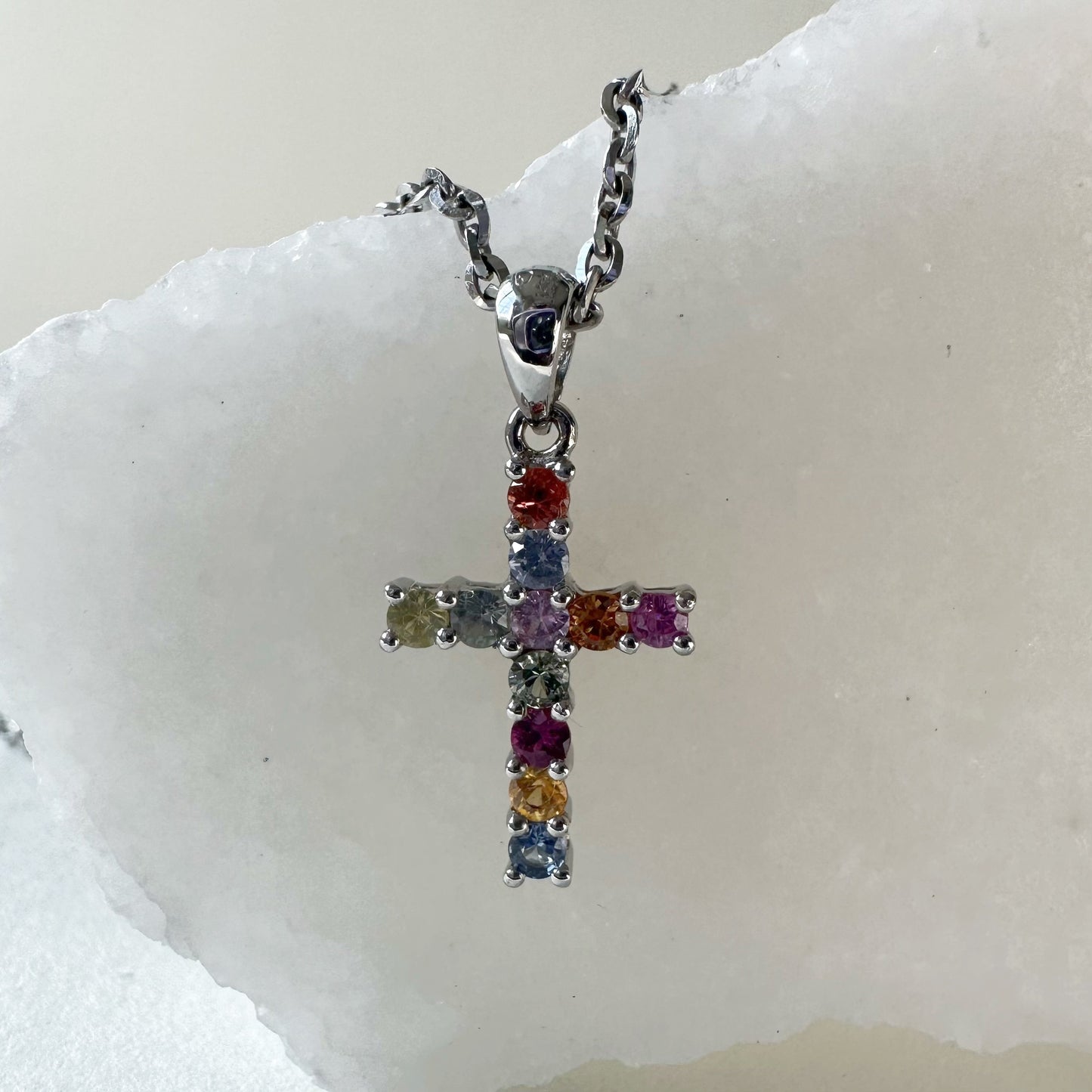14K Solid Gold Genuine Color Sapphire Rainbow Cross Pendant