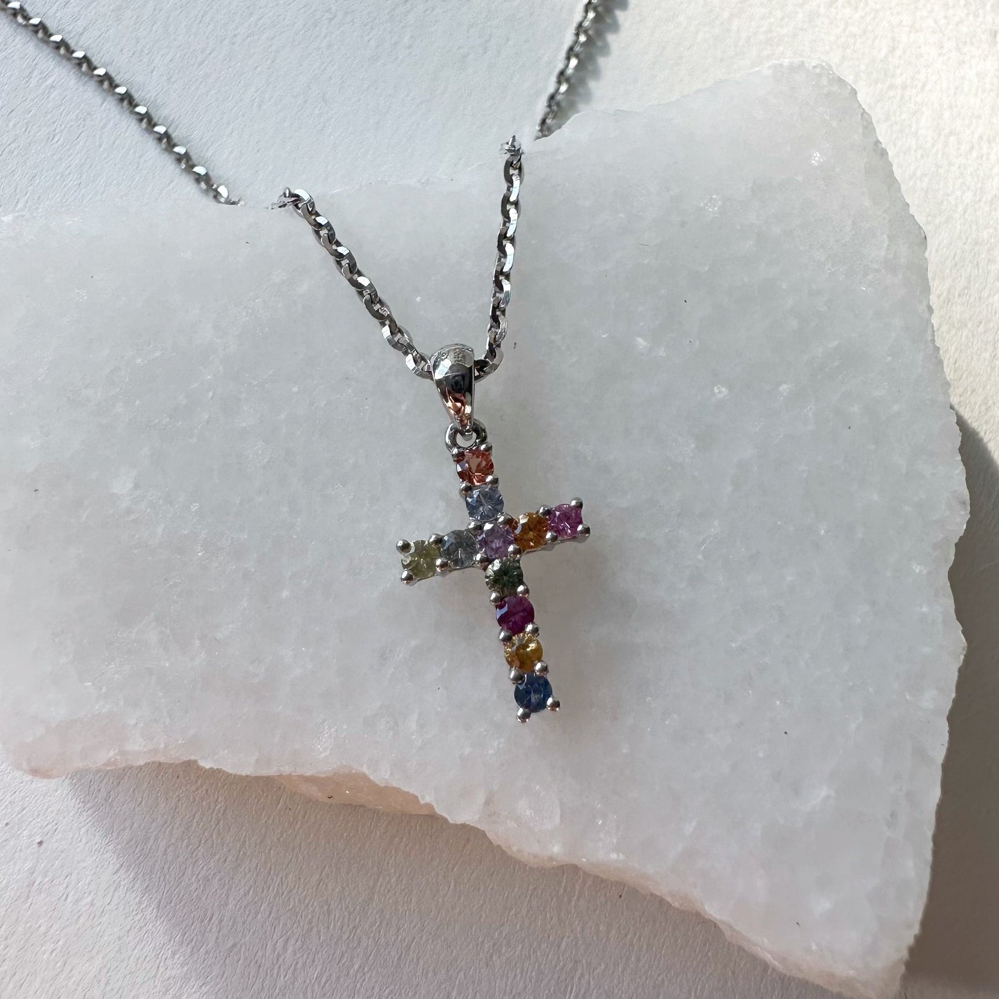 14K Solid Gold Genuine Color Sapphire Rainbow Cross Pendant