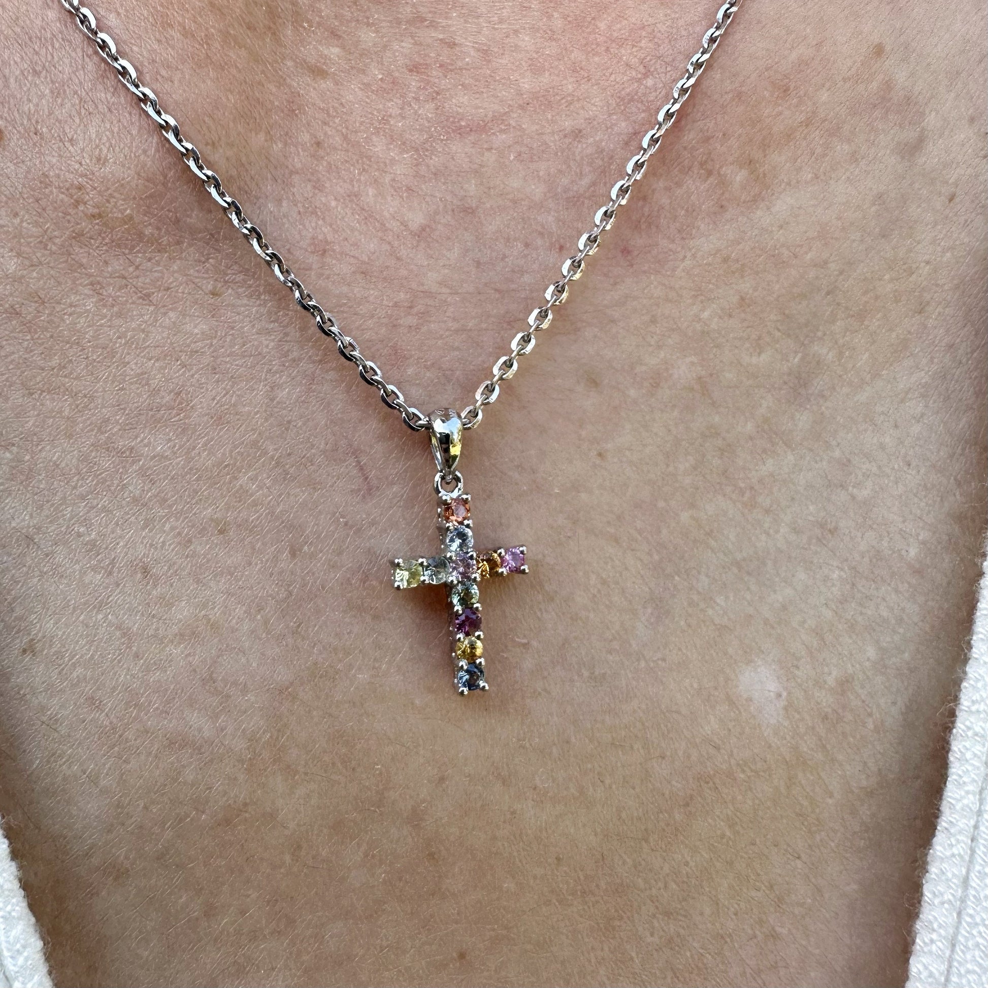 14K Solid Gold Genuine Color Sapphire Rainbow Cross Pendant