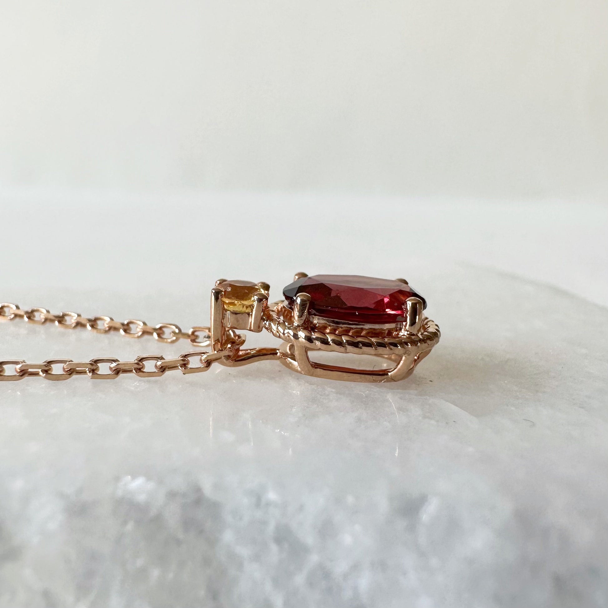 18K Solid Rose Gold Garnet and Orange Sapphire Necklace