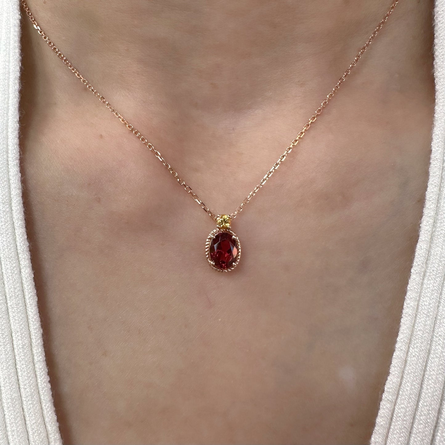 18K Solid Gold Genuine Garnet and Orange Sapphire Necklace