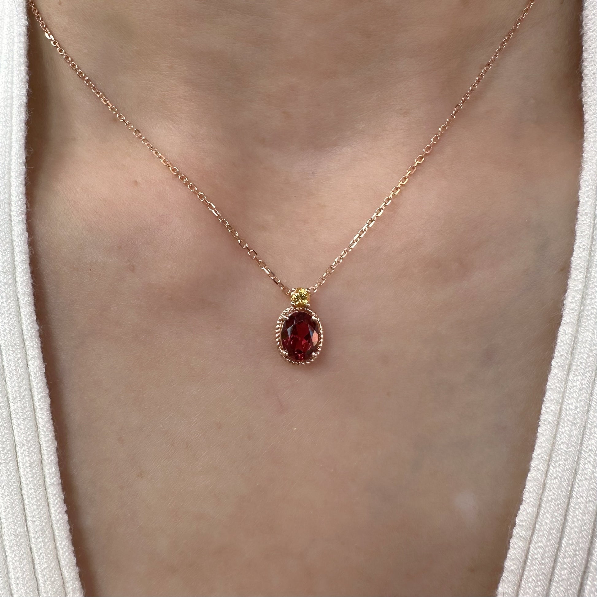18K Solid Gold Genuine Garnet and Orange Sapphire Necklace