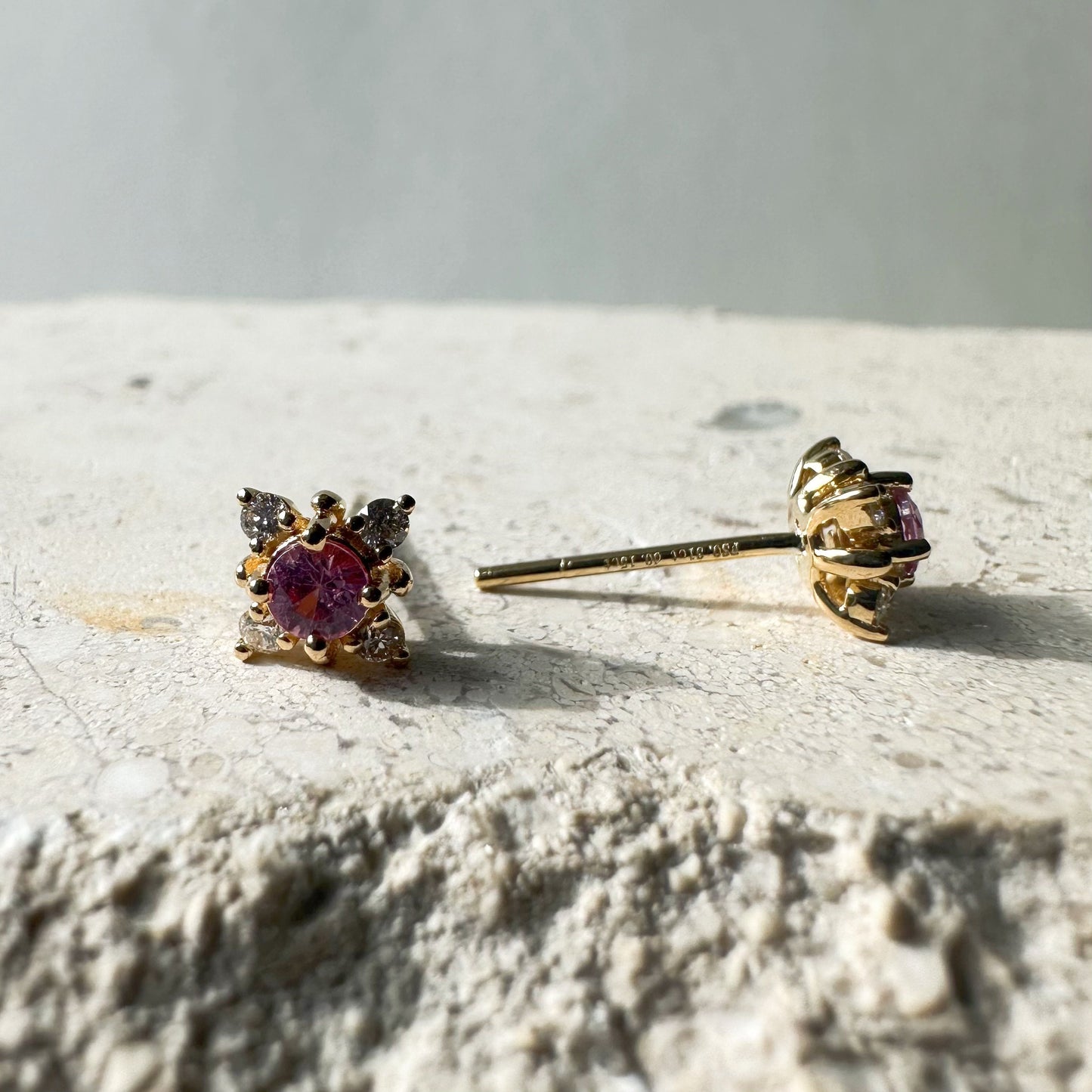 14K Solid Gold Pink Sapphire and Diamond Star Studs/Pair