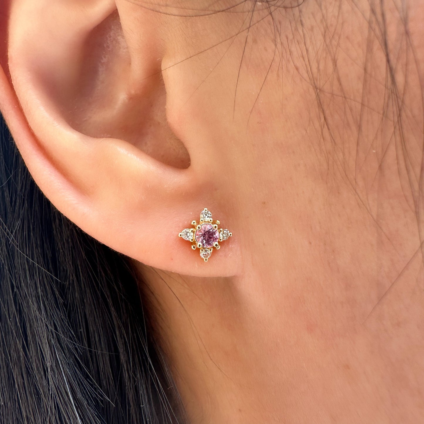 14K Solid Gold Pink Sapphire and Diamond Star Studs/Pair