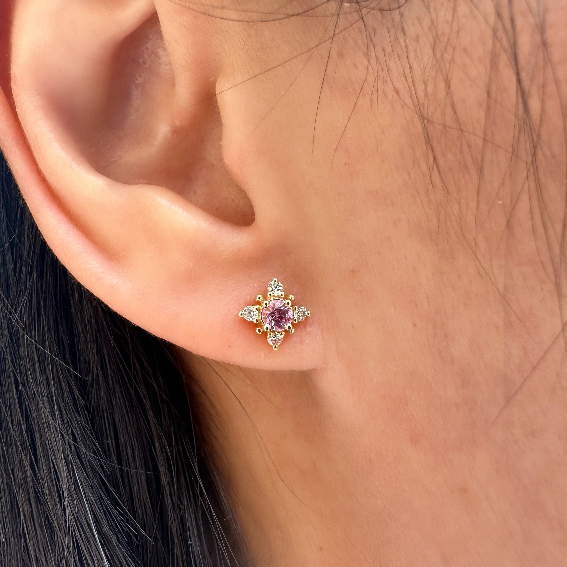 14K Solid Gold Pink Sapphire and Diamond Star Studs/Pair