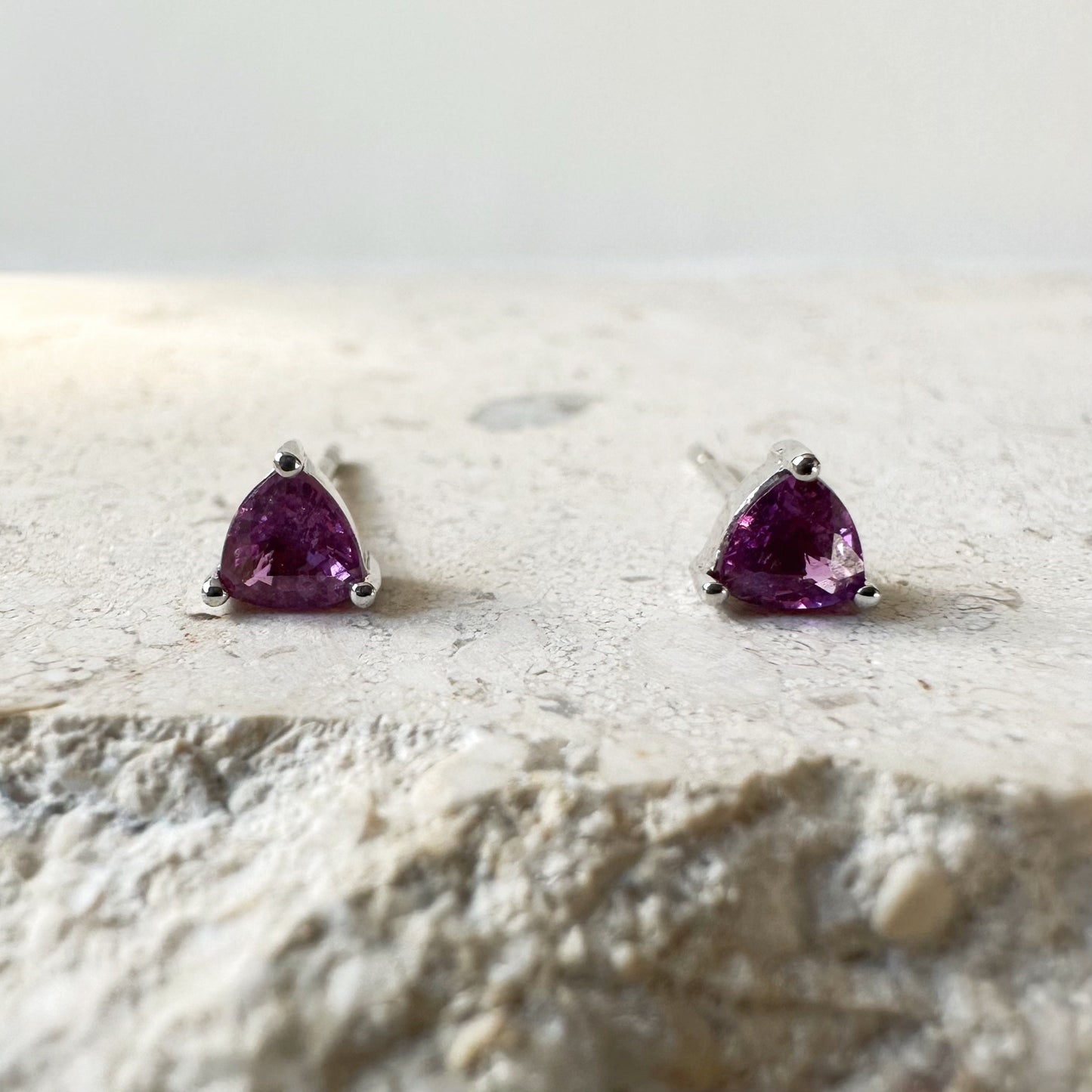 14K Solid Gold Genuine Pink Sapphire Triangle Studs/Pair