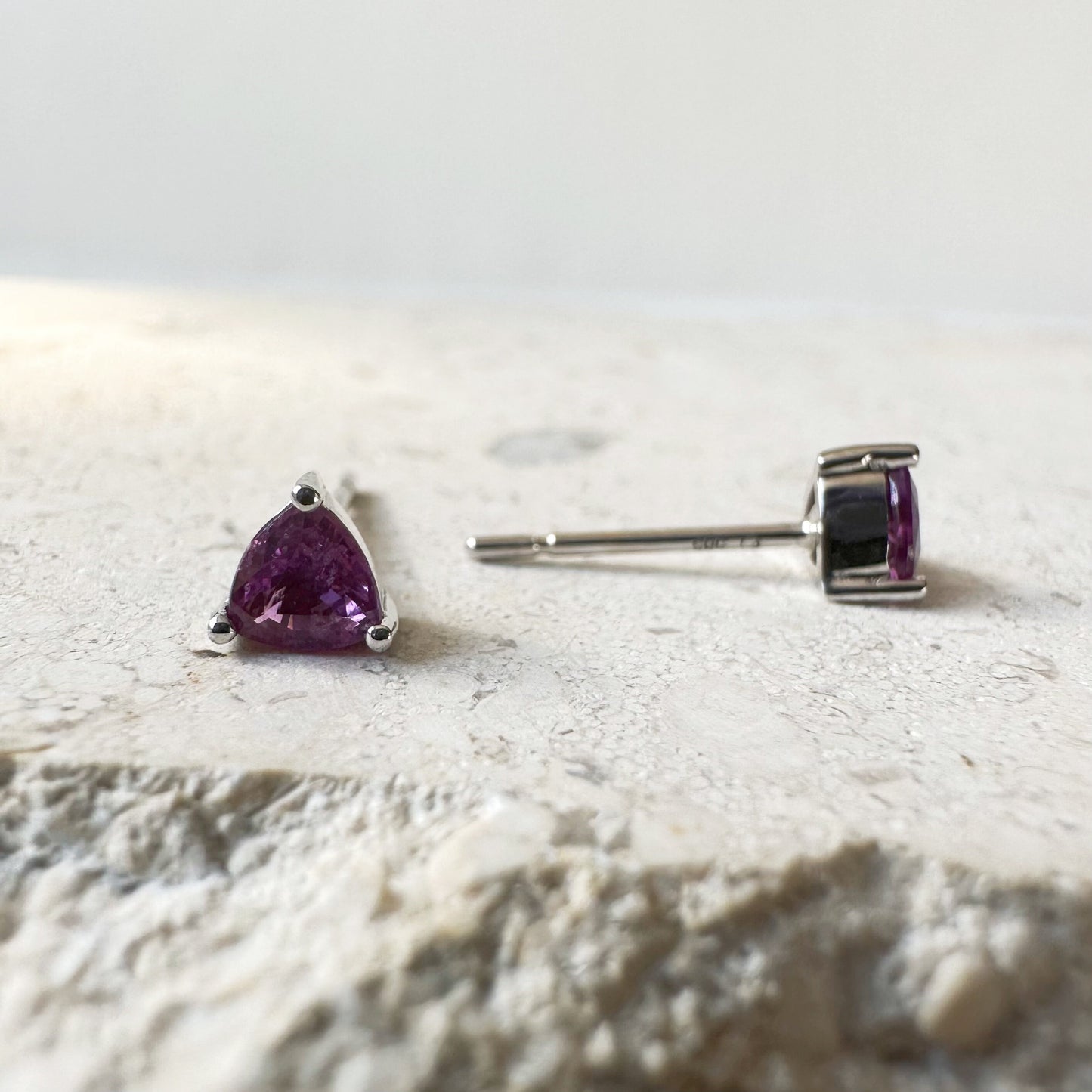 14K Solid Gold Genuine Pink Sapphire Triangle Studs/Pair