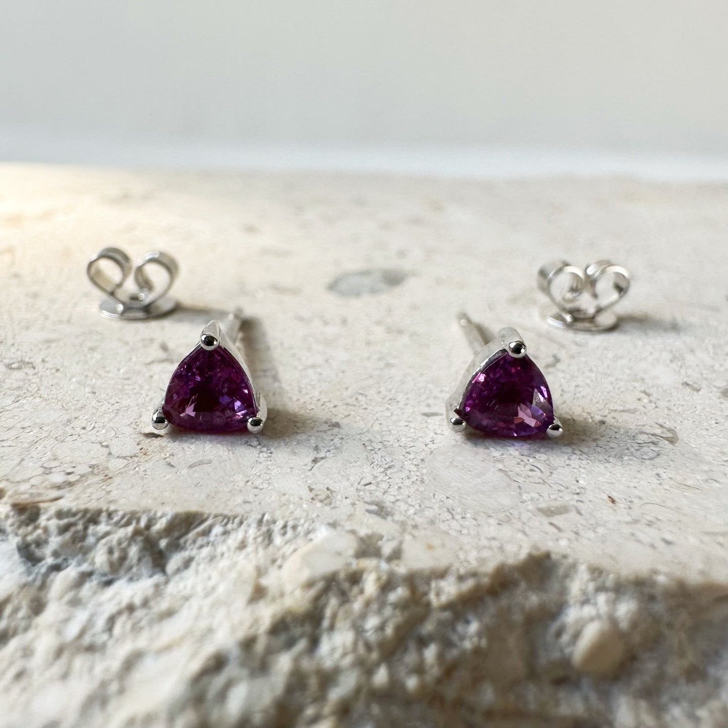 14K Solid Gold Genuine Pink Sapphire Triangle Studs/Pair