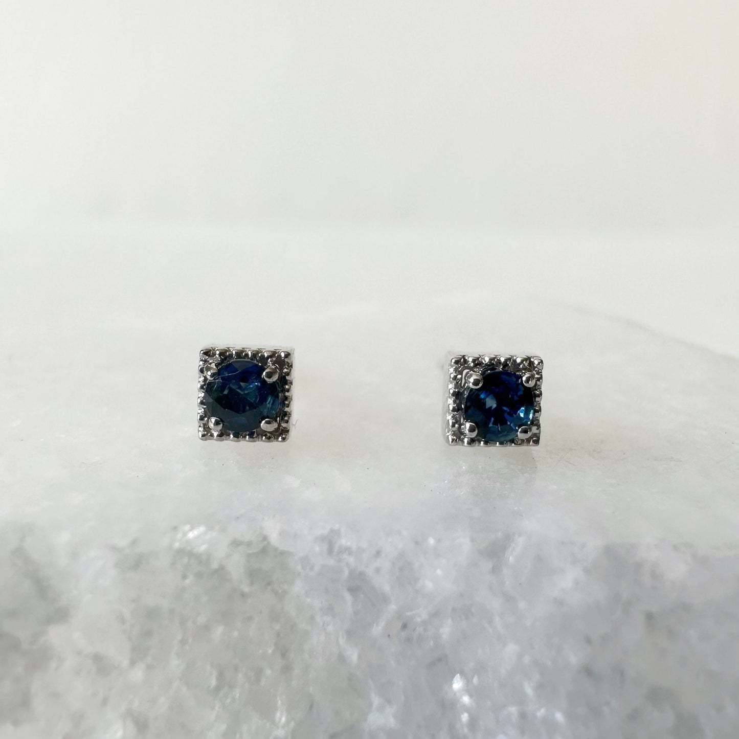 14K Solid Gold Genuine 4mm Sapphire Fancy Square Studs/Pair
